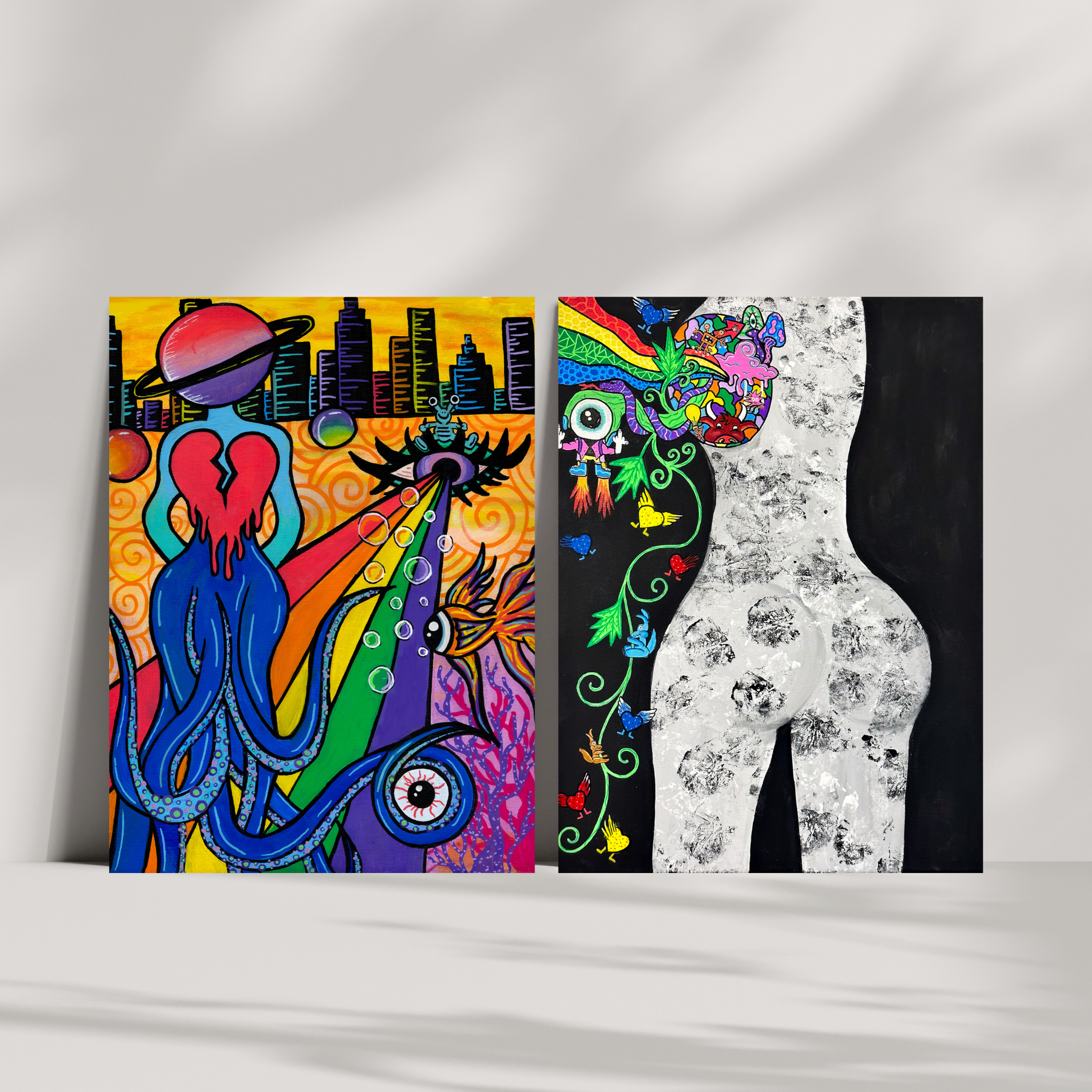 Space Head Fine Art Print, featuring an octopus alien with a planet for a head, walking on a beamed rainbow with a city backdrop By Doobie Duo