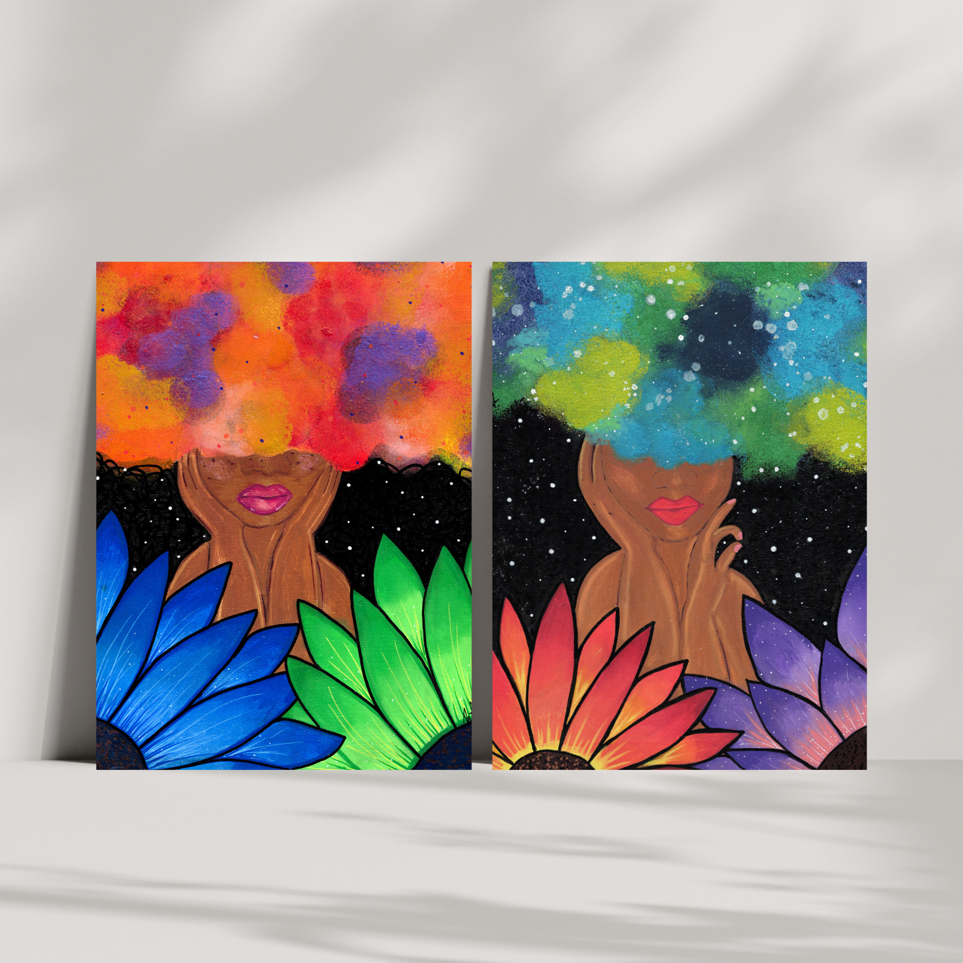 Blue Magic Fine Art Print - Red-Orange Fro, Green and Blue Flowers, Night Sky - Doobie Duo