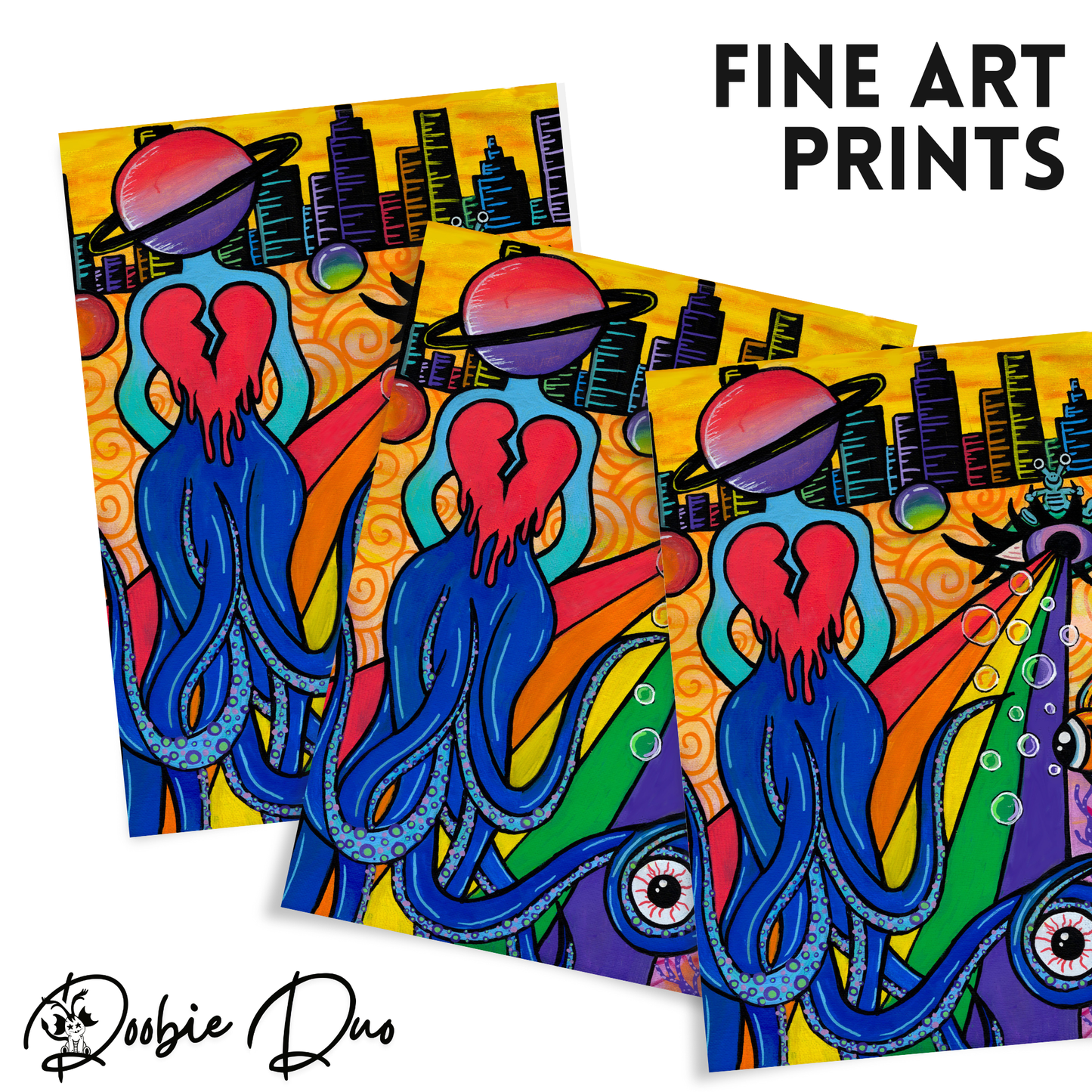 Space Head Fine Art Print, featuring an octopus alien with a planet for a head, walking on a beamed rainbow with a city backdrop By Doobie Duo