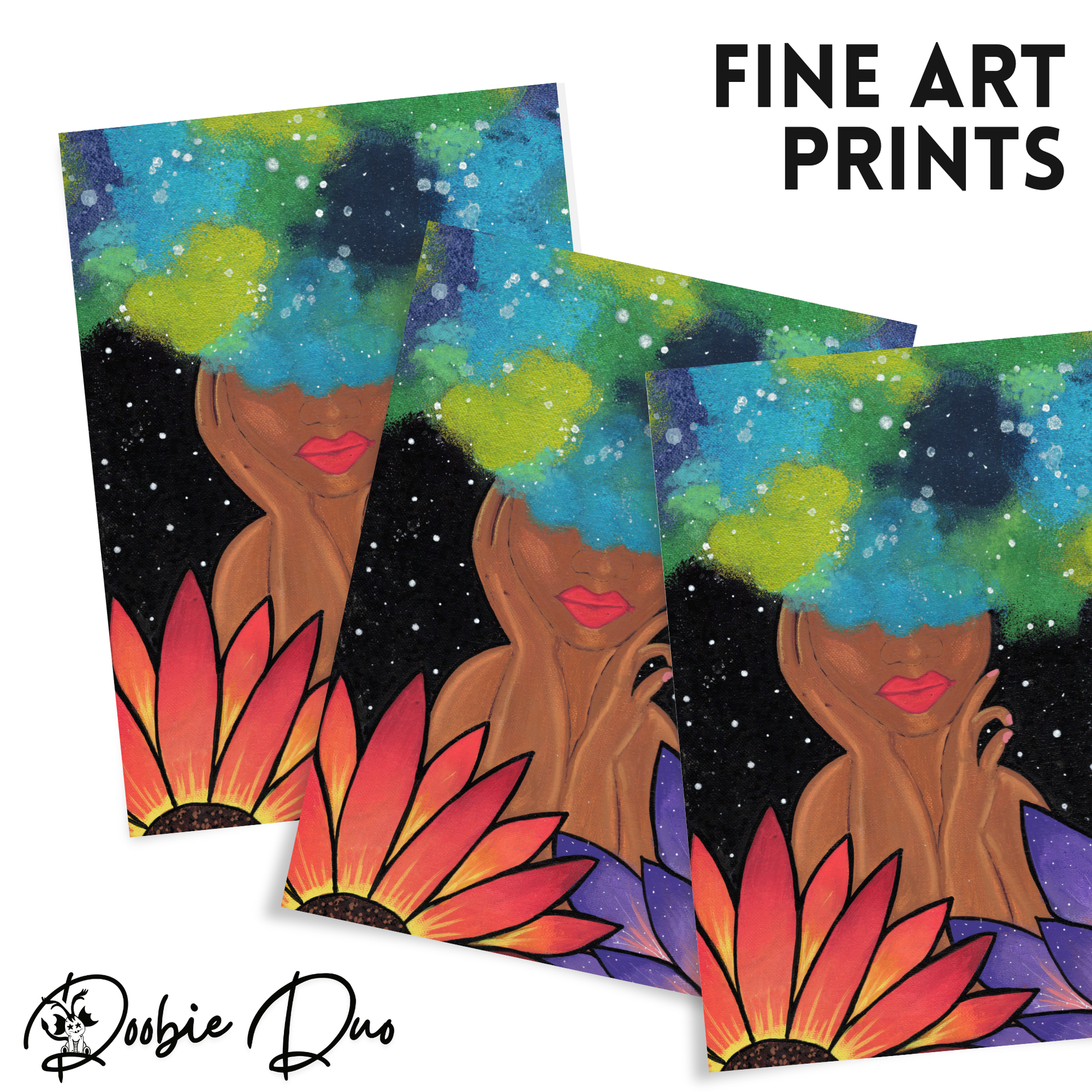 Blue Magic Fine Art Print - Red-Orange Fro, Green and Blue Flowers, Night Sky - Doobie Duo