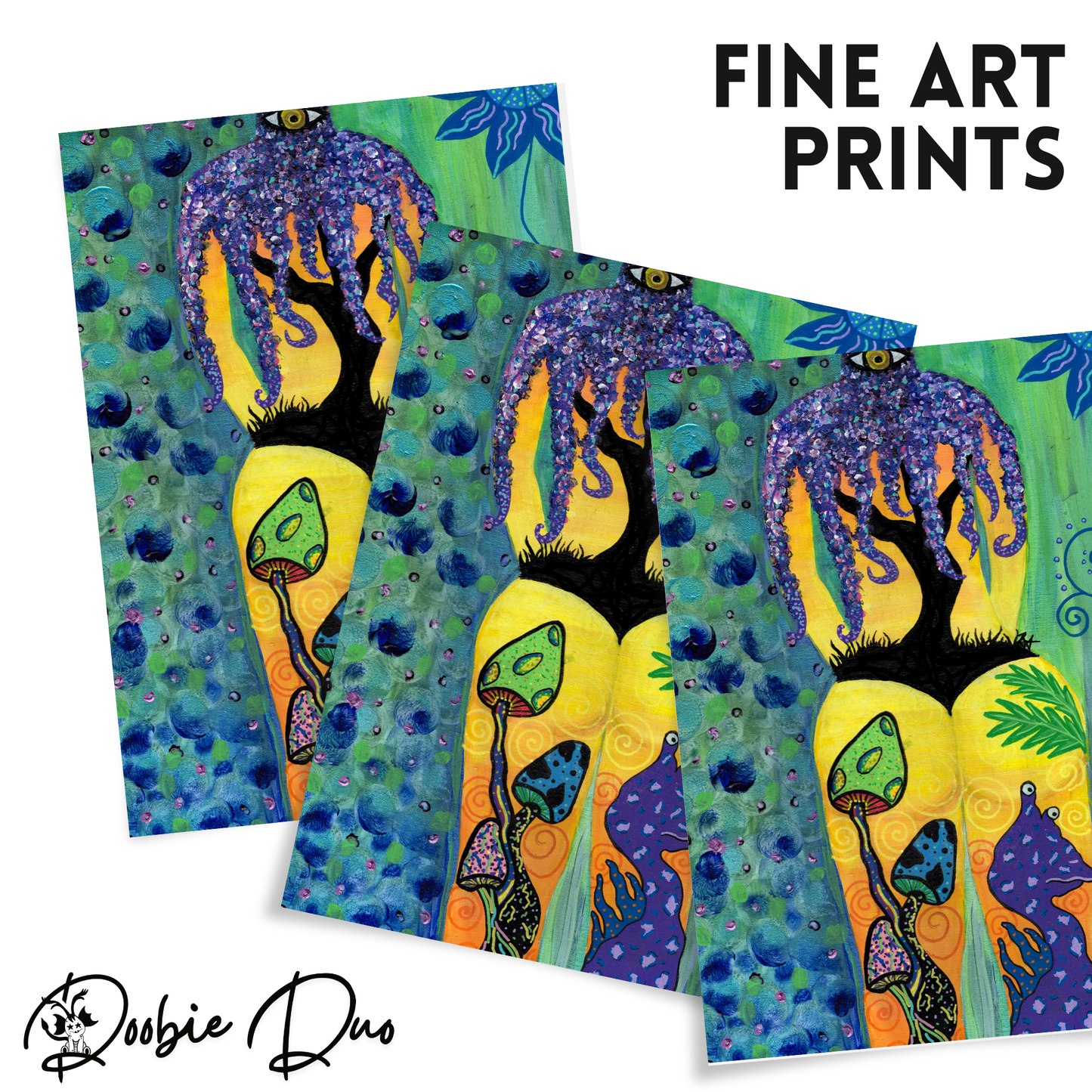 Under the Sea Fine Art Print - Silhouette of a Female's Back, Tree, Mushrooms, and an Alien on the Beachside - Doobie Duo