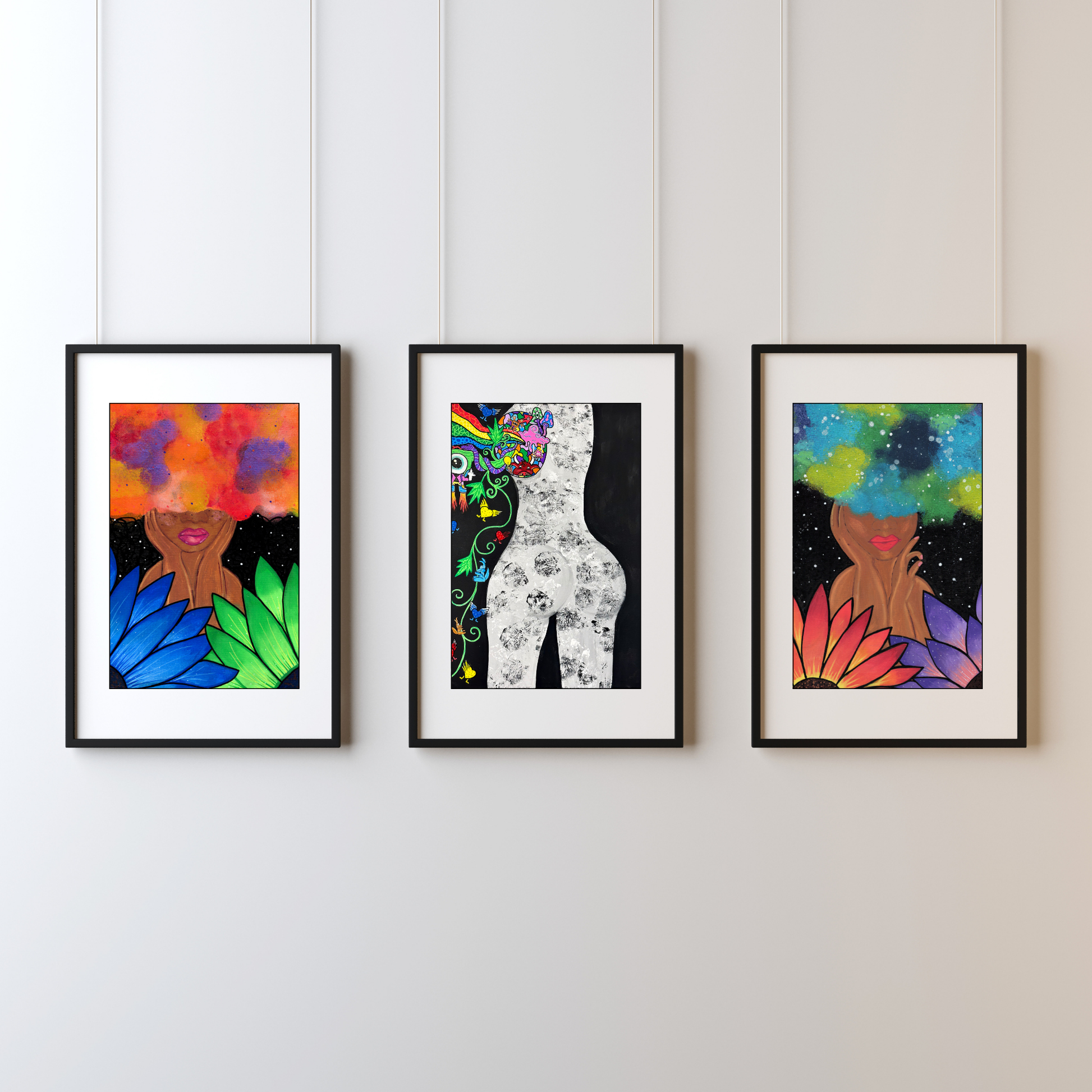 Blue Magic Fine Art Print - Red-Orange Fro, Green and Blue Flowers, Night Sky - Doobie Duo