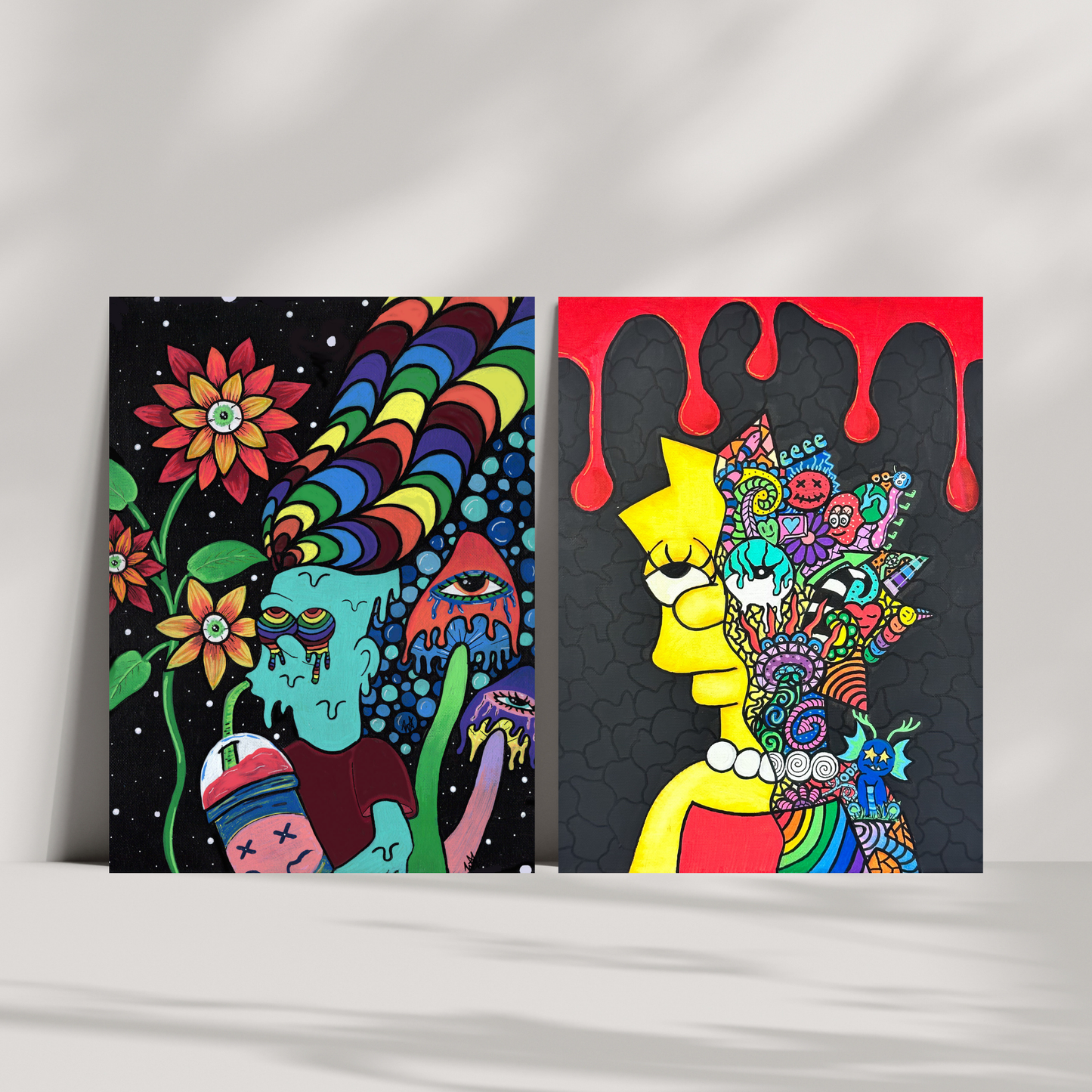 Bart Fine Art Print, featuring a Simpsons-inspired character with rainbow dreads enjoying a Slurpee under a mystical night sky by doobie duo