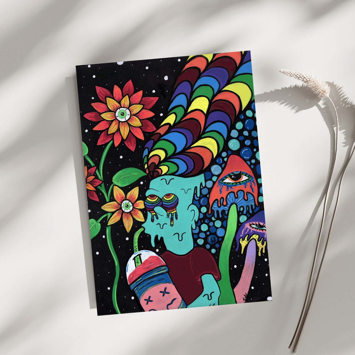 Bart Fine Art Print, featuring a Simpsons-inspired character with rainbow dreads enjoying a Slurpee under a mystical night sky by doobie duo