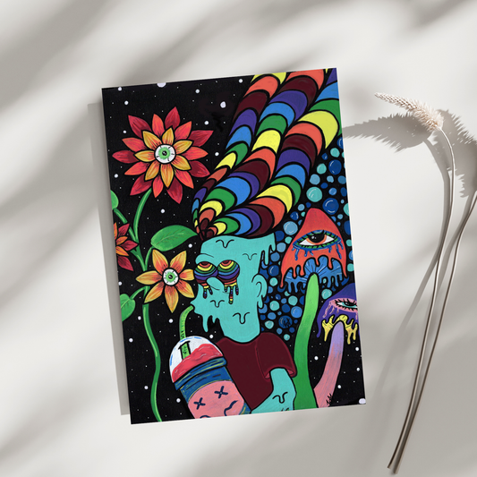 Bart Fine Art Print, featuring a Simpsons-inspired character with rainbow dreads enjoying a Slurpee under a mystical night sky by doobie duo