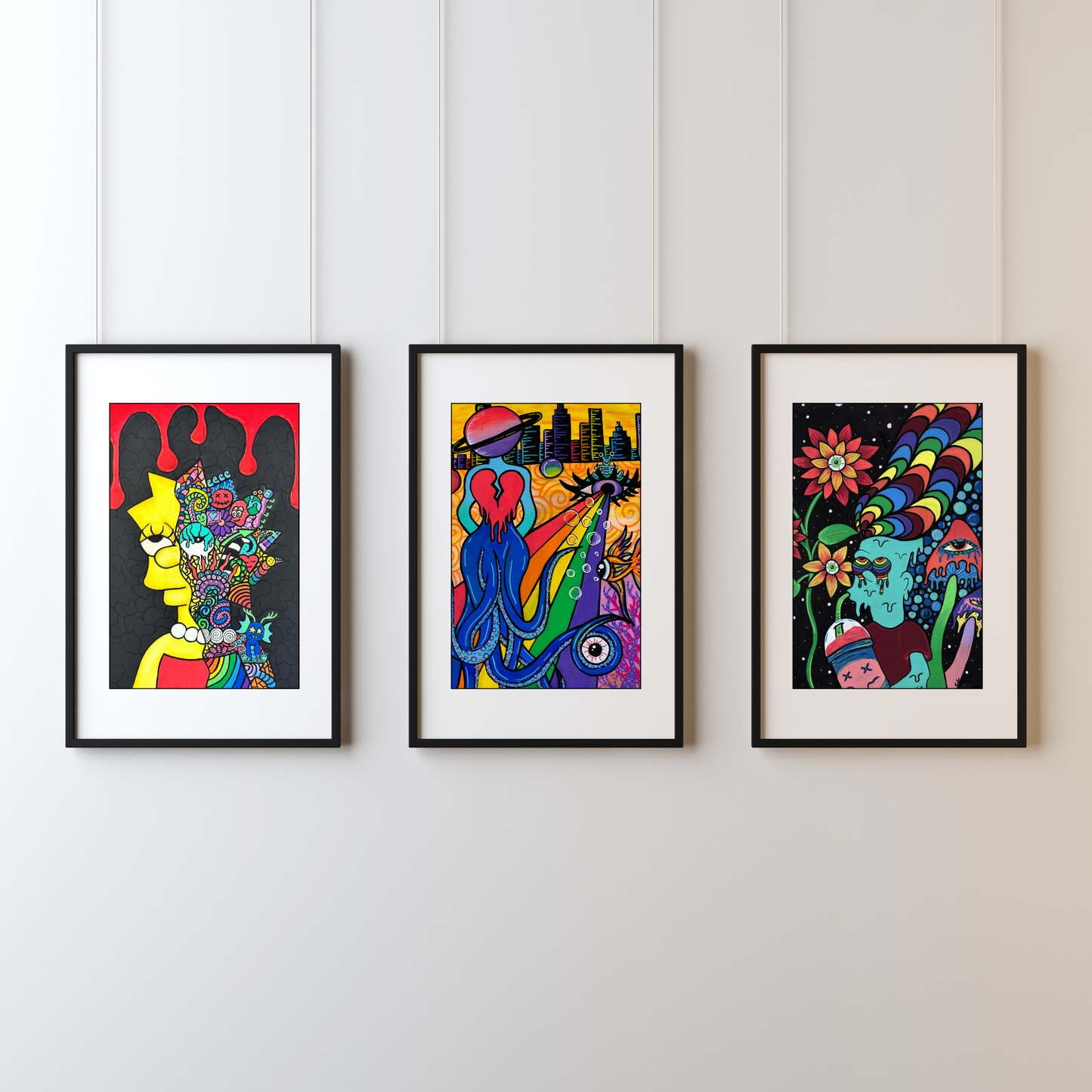 Bart Fine Art Print, featuring a Simpsons-inspired character with rainbow dreads enjoying a Slurpee under a mystical night sky by doobie duo
