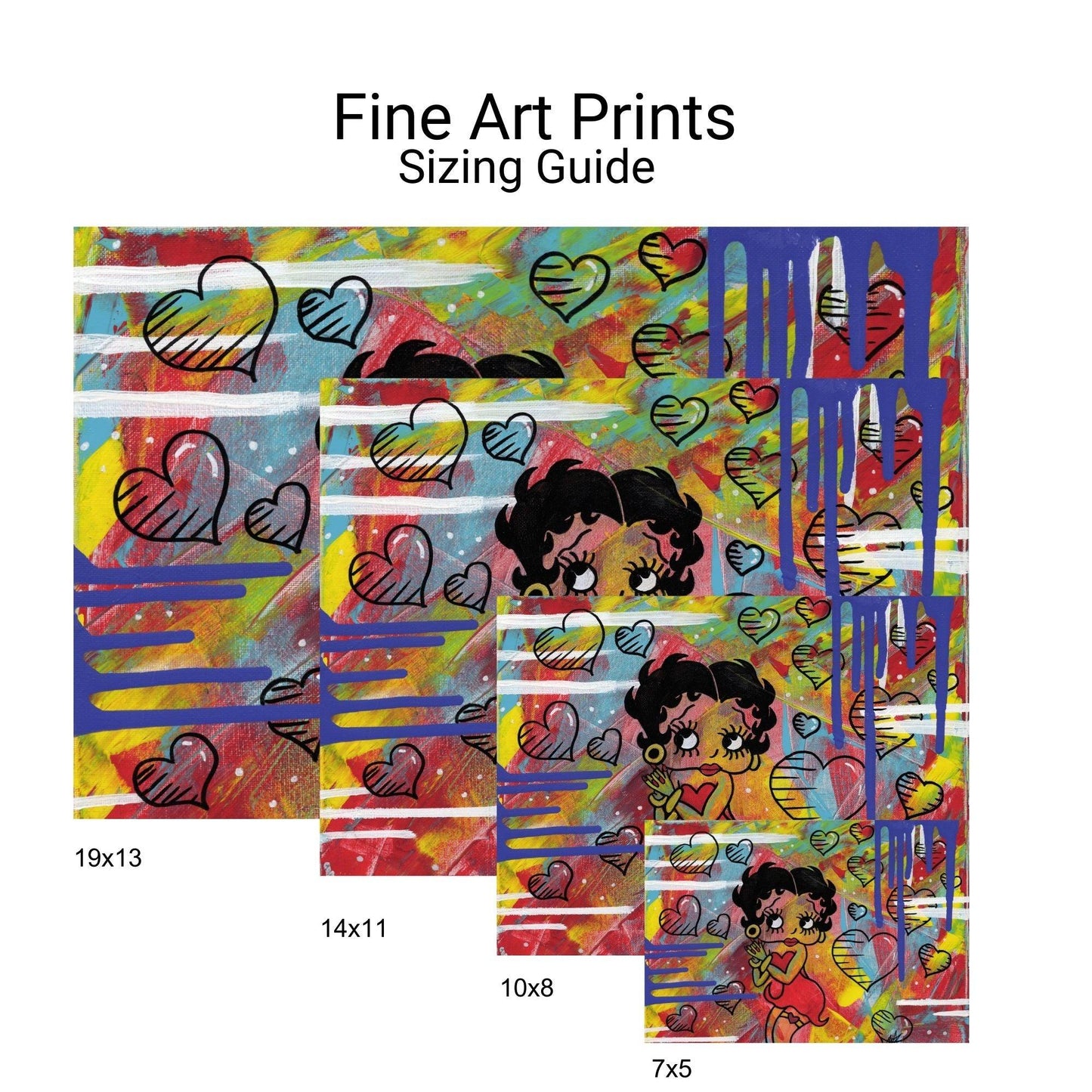 Betty Boob Fine Art Print - Red, Yellow, Purple with Hearts (Abstract) - Doobie Duo