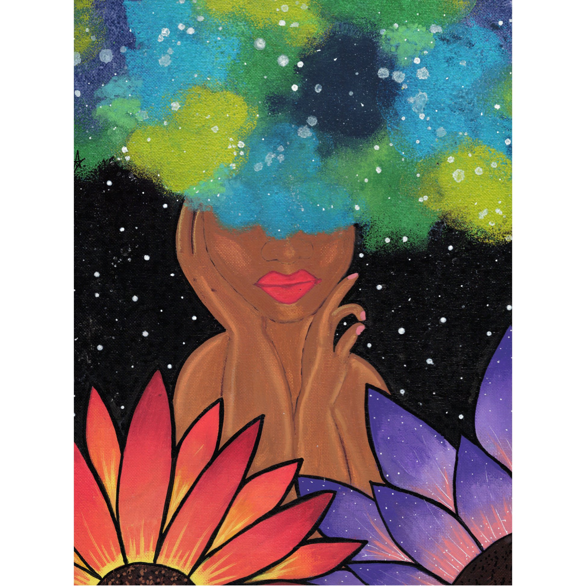 Blue Magic Fine Art Print - Red-Orange Fro, Green and Blue Flowers, Night Sky - Doobie Duo