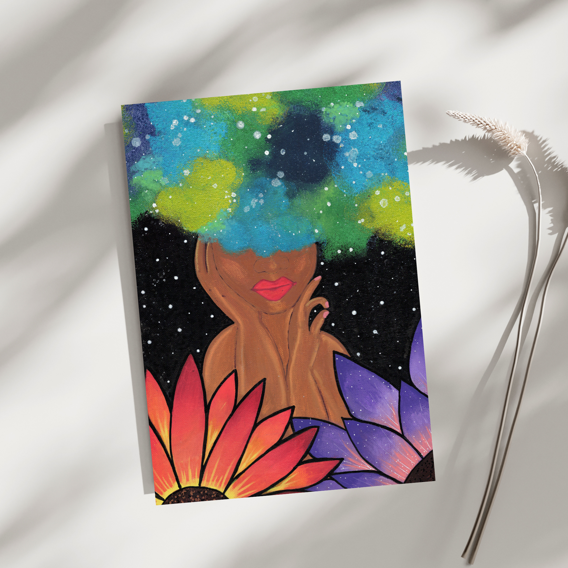 Blue Magic Fine Art Print - Red-Orange Fro, Green and Blue Flowers, Night Sky - Doobie Duo