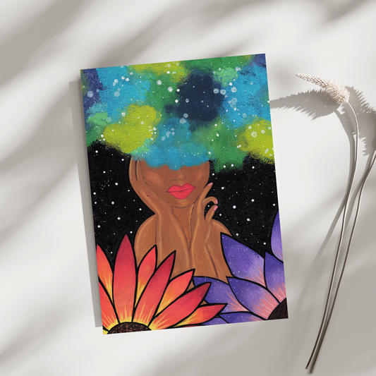Blue Magic Fine Art Print - Red-Orange Fro, Green and Blue Flowers, Night Sky - Doobie Duo