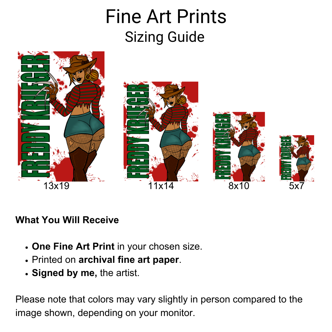 Freddy Krueger Fine Art Print sizing chart -By Doobie Duo