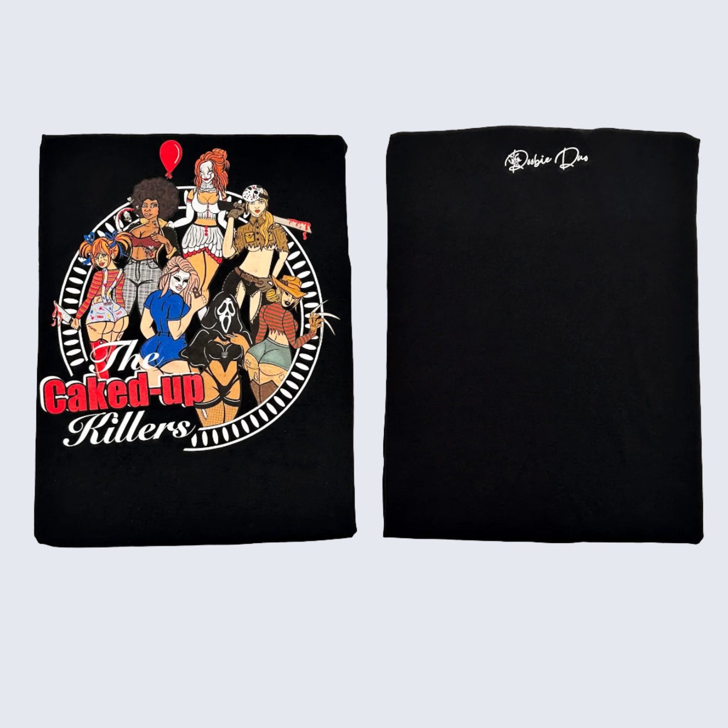 Caked Up Killers Limited Edition Cotton Black T-Shirts with Original Art DTG Prints - Doobie Duo