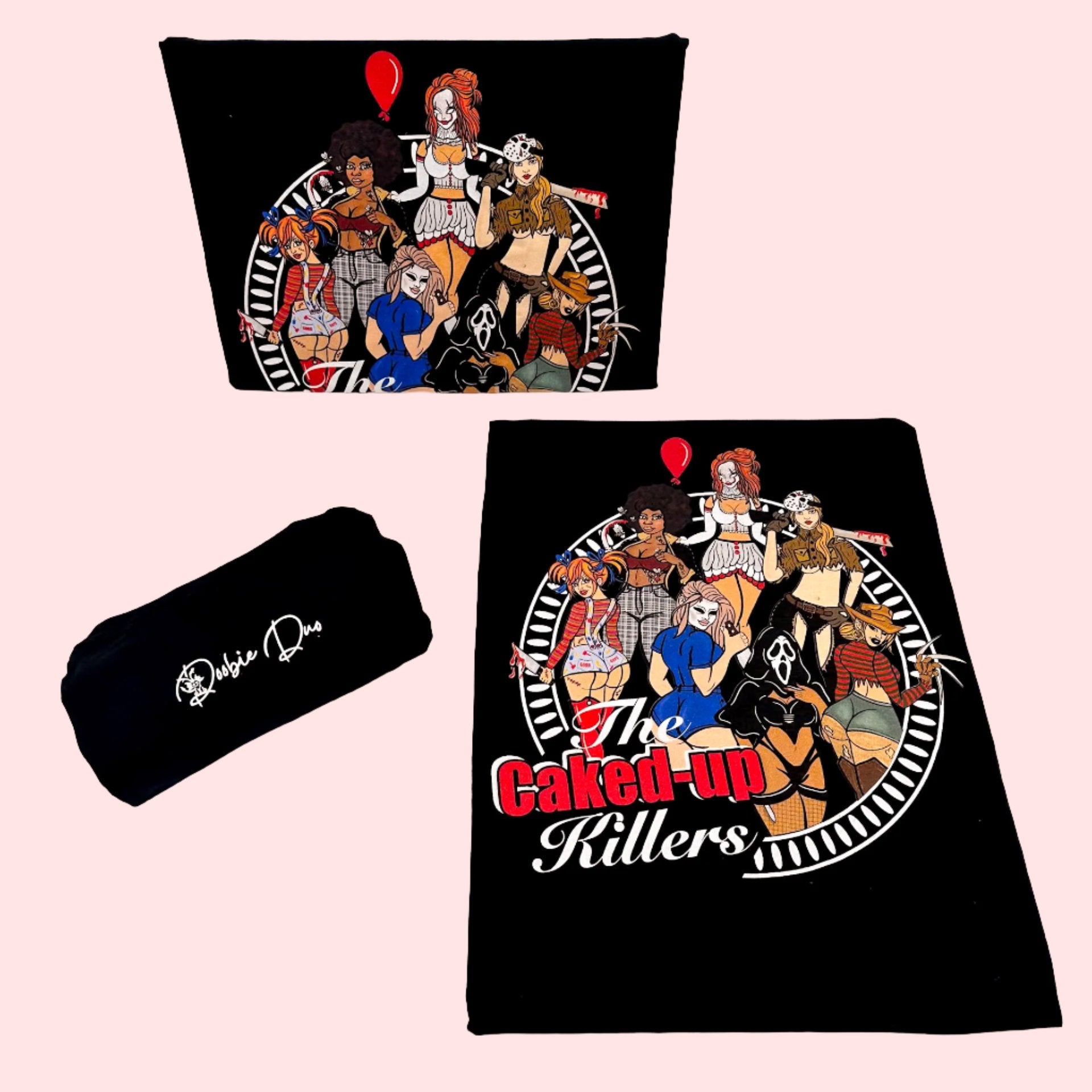 Caked Up Killers Limited Edition Cotton Black T-Shirts with Original Art DTG Prints - Doobie Duo