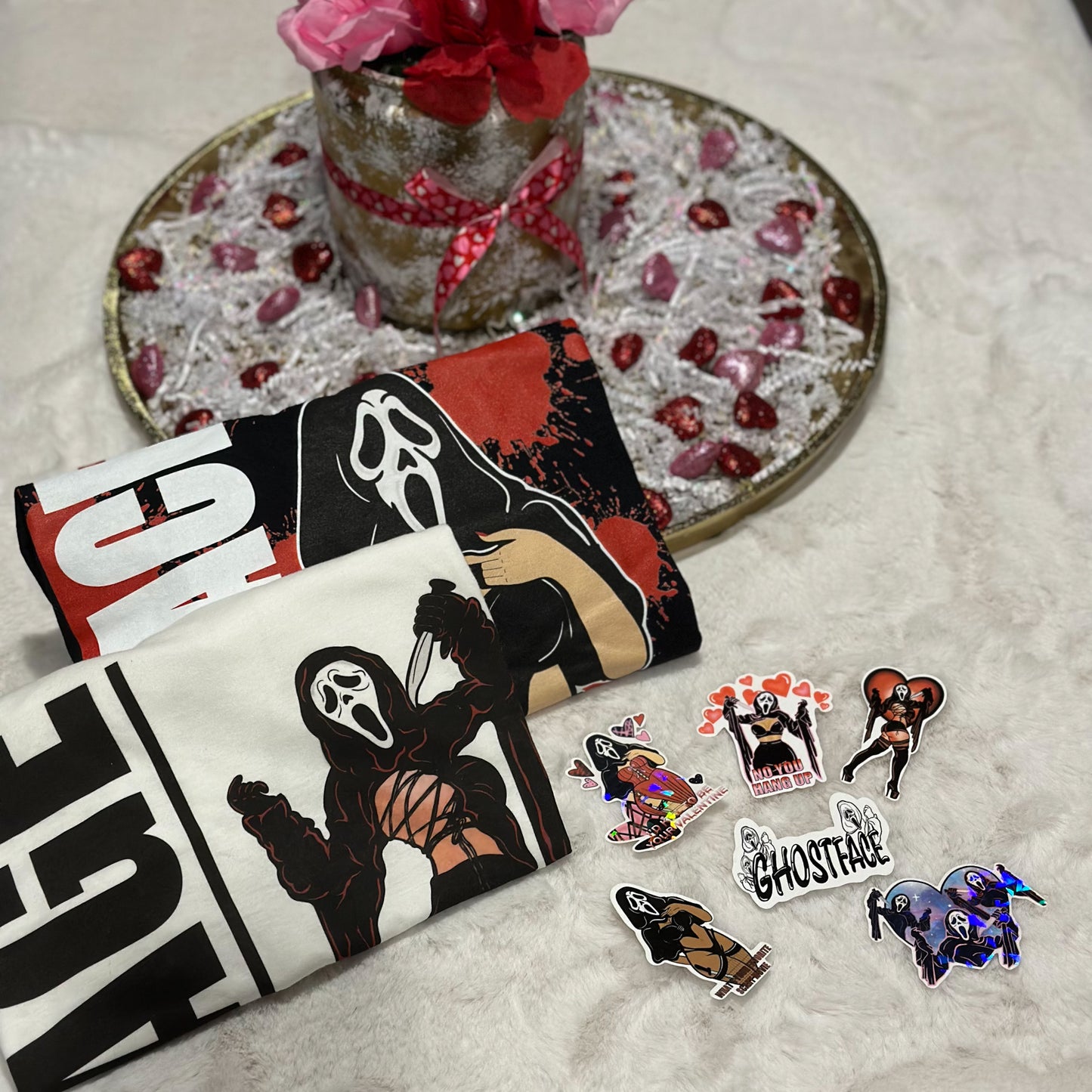 Ghostface Valentines Bundle T-shirt and Sticker Set - Doobie Duo