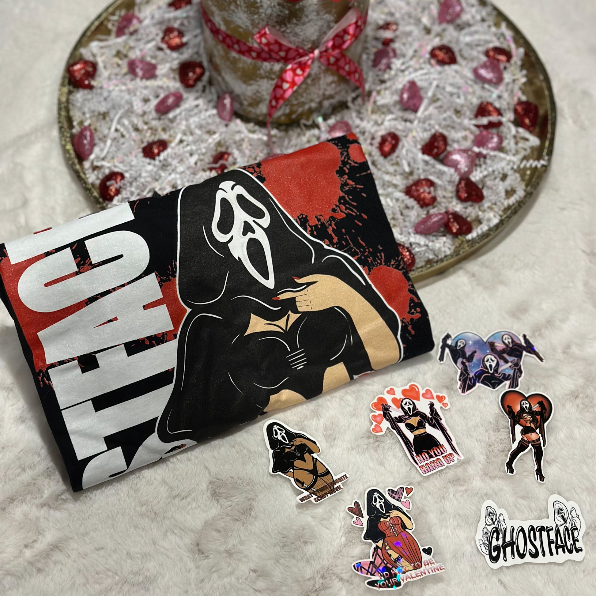 Ghostface Valentines Bundle T-shirt and Sticker Set - Doobie Duo