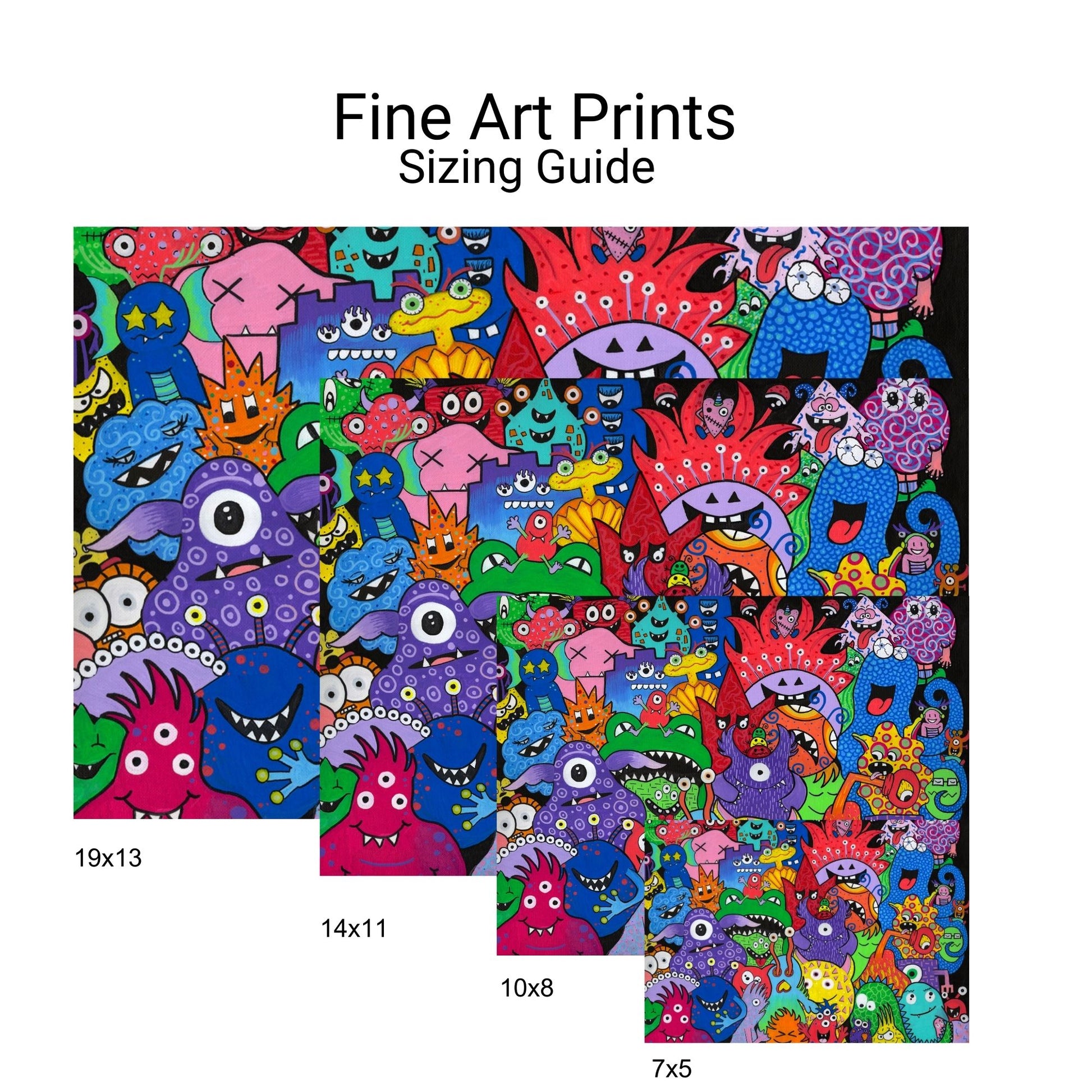 Monster Mania Fine Art Print - Colorful and Playful Collage of Monsters - Doobie Duo