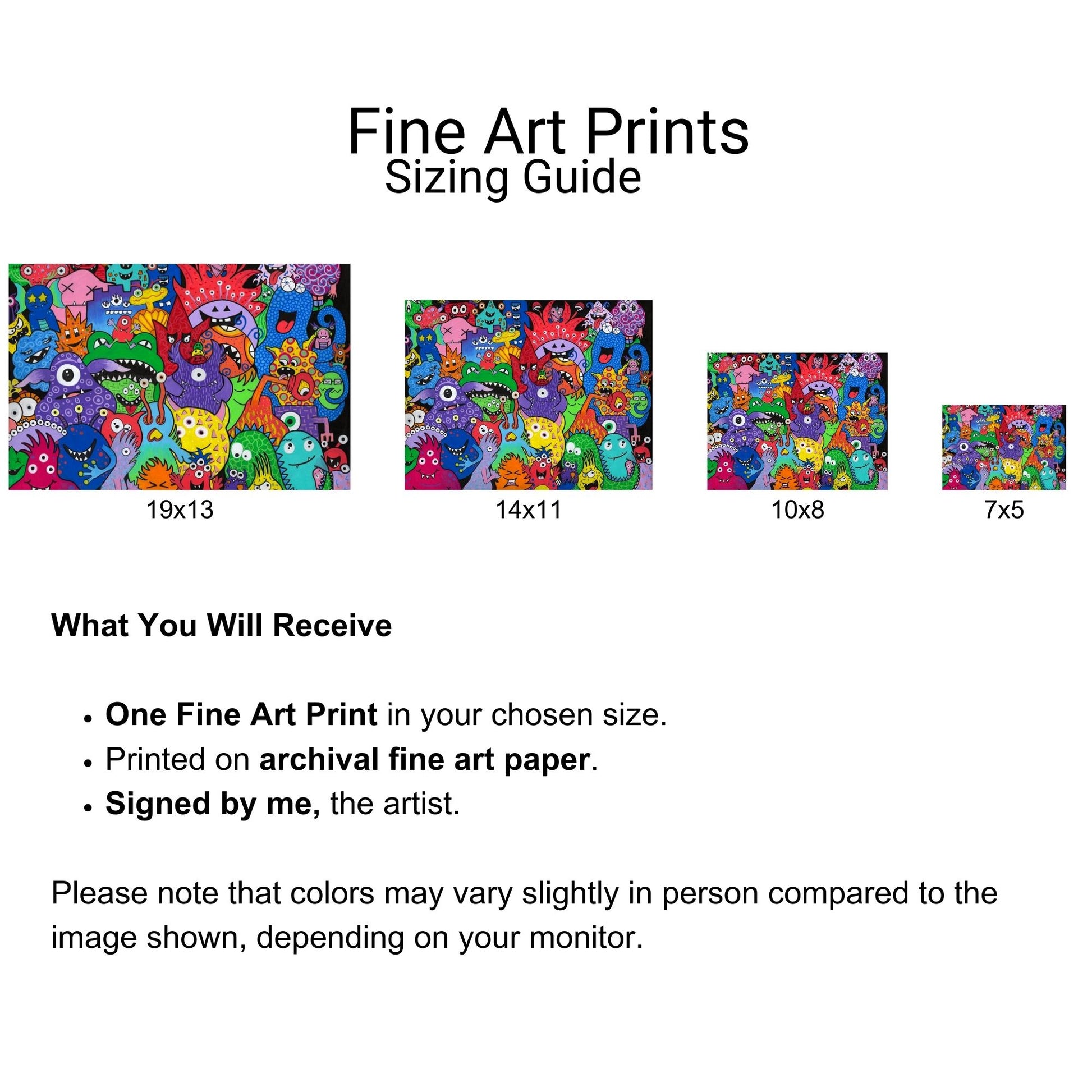 Monster Mania Fine Art Print - Colorful and Playful Collage of Monsters - Doobie Duo