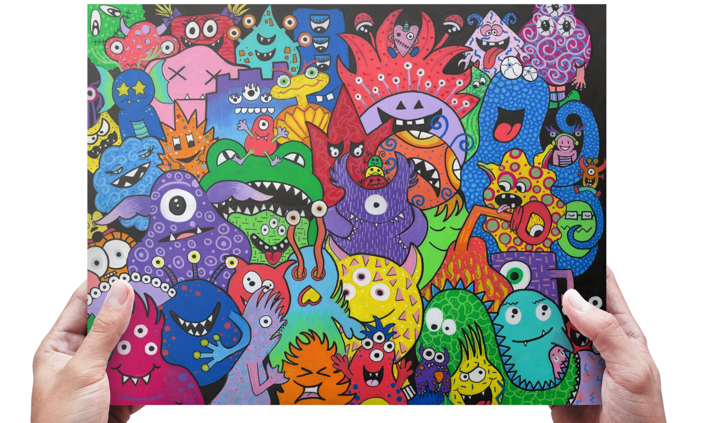 Monster Mania Fine Art Print - Colorful and Playful Collage of Monsters - Doobie Duo