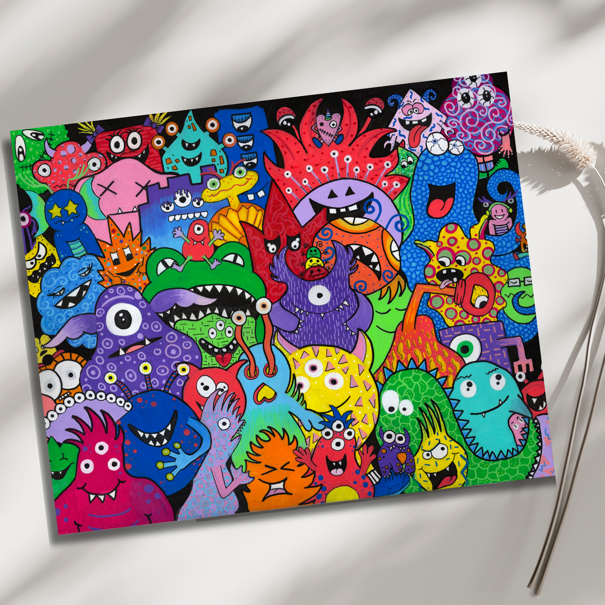 Monster Mania Fine Art Prints! This delightful piece features a colorful collage of quirky monsters, each showcasing its own unique personality