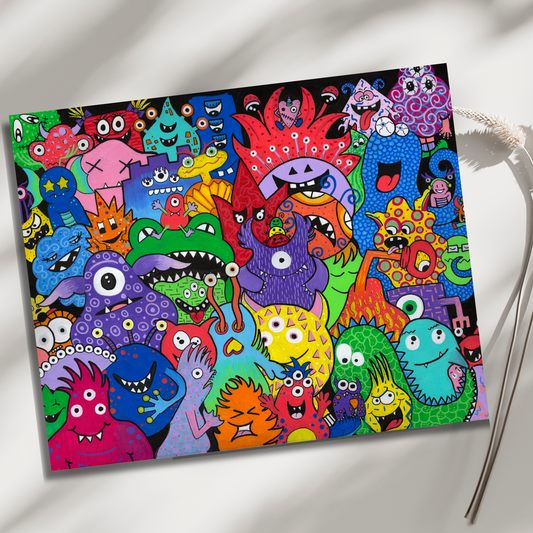 Monster Mania Fine Art Prints! This delightful piece features a colorful collage of quirky monsters, each showcasing its own unique personality