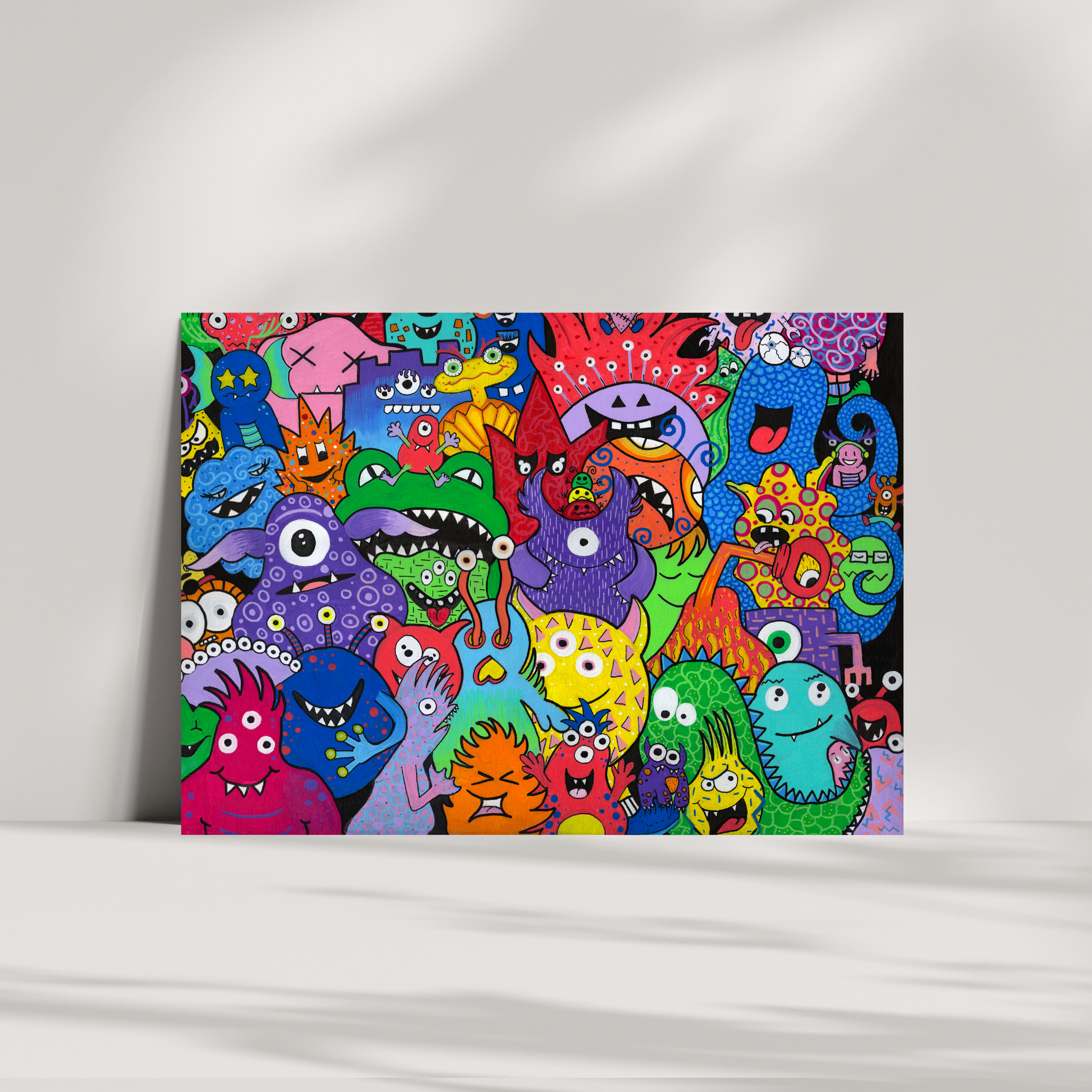 Monster Mania Fine Art Prints! This delightful piece features a colorful collage of quirky monsters, each showcasing its own unique personality