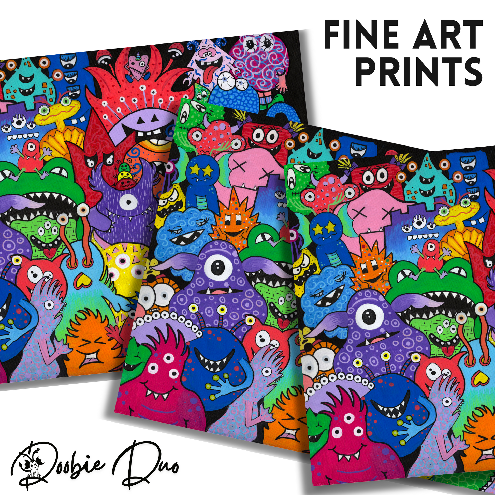 Monster Mania Fine Art Prints! This delightful piece features a colorful collage of quirky monsters, each showcasing its own unique personality