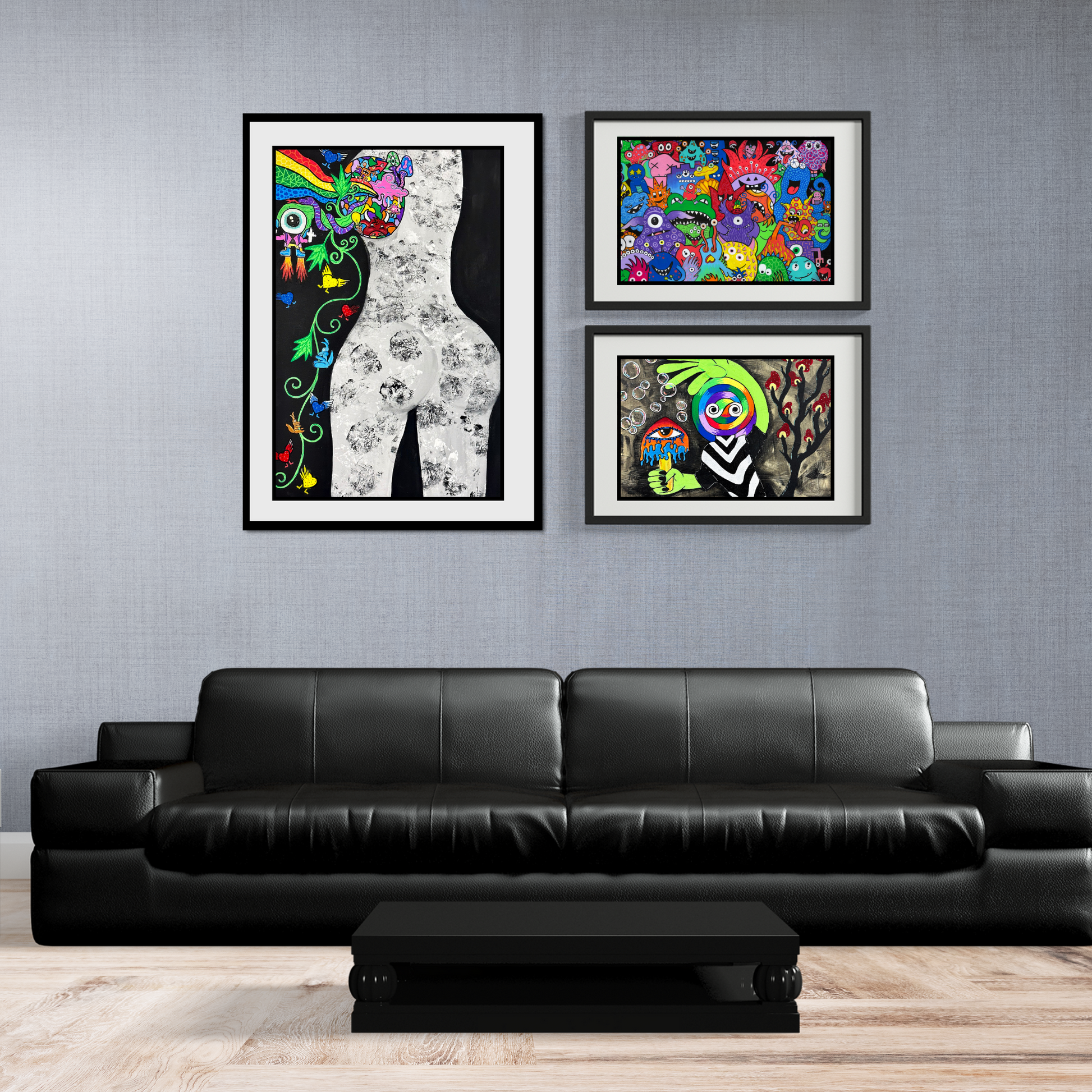Monster Mania Fine Art Prints! This delightful piece features a colorful collage of quirky monsters, each showcasing its own unique personality
