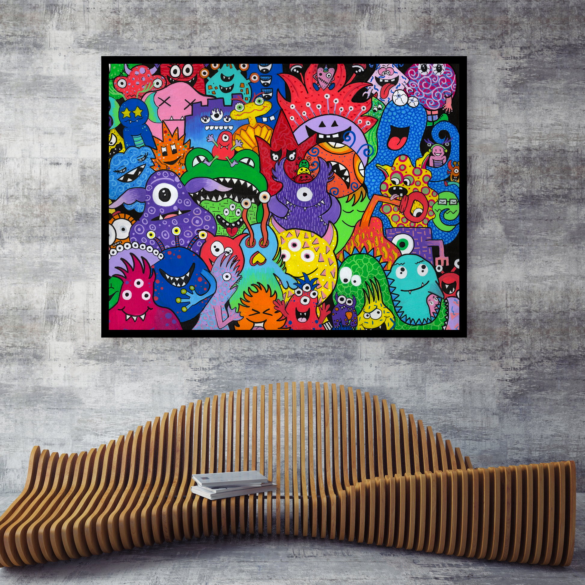 Monster Mania Fine Art Prints! This delightful piece features a colorful collage of quirky monsters, each showcasing its own unique personality