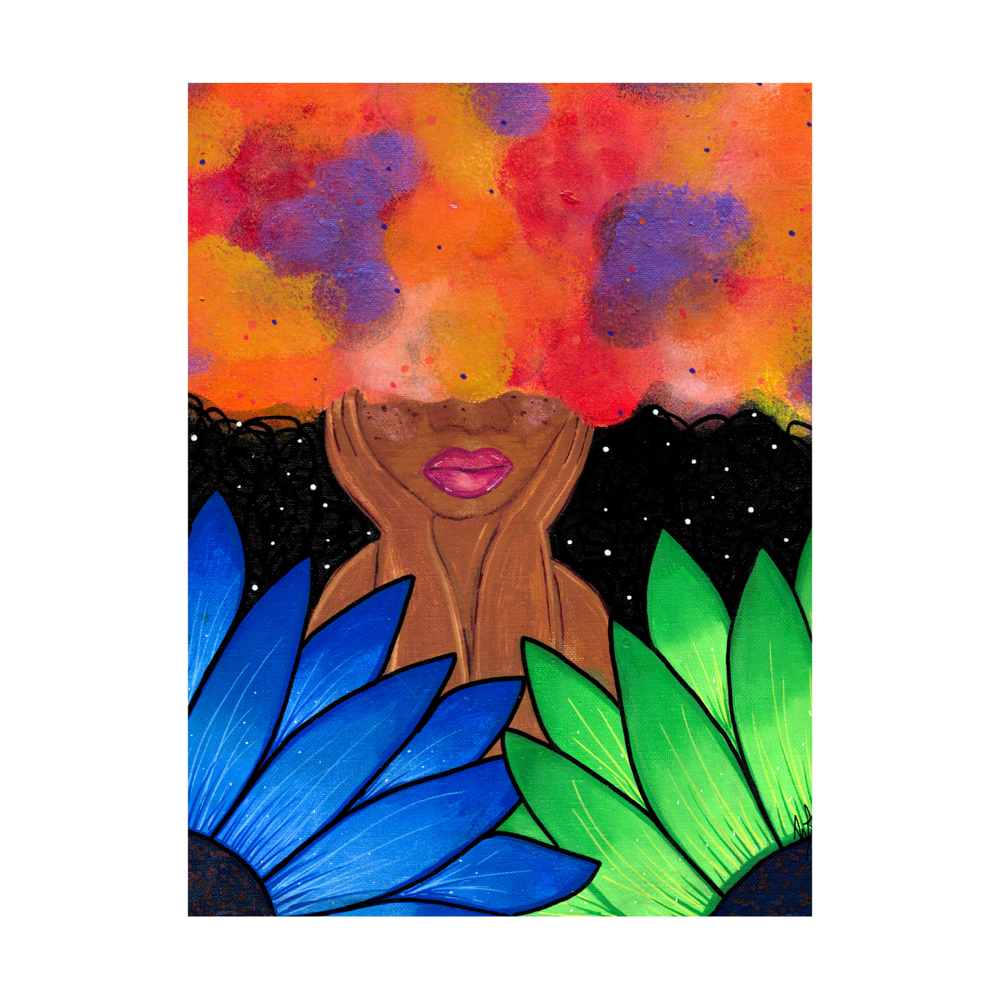 Red Magic Fine Art Print - Red-Orange Fro, Green and Blue Flowers, Night Sky - Doobie Duo