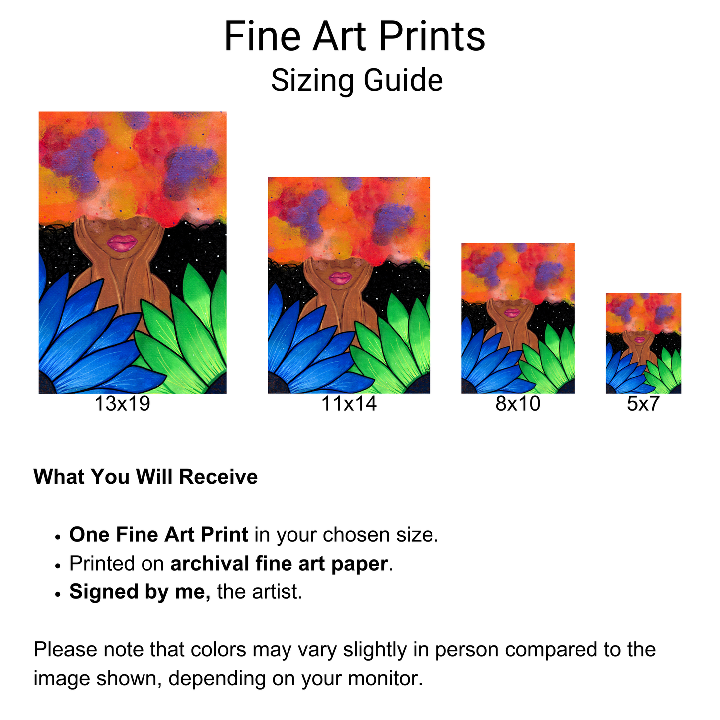 Red Magic Fine Art Print - Red-Orange Fro, Green and Blue Flowers, Night Sky - Doobie Duo