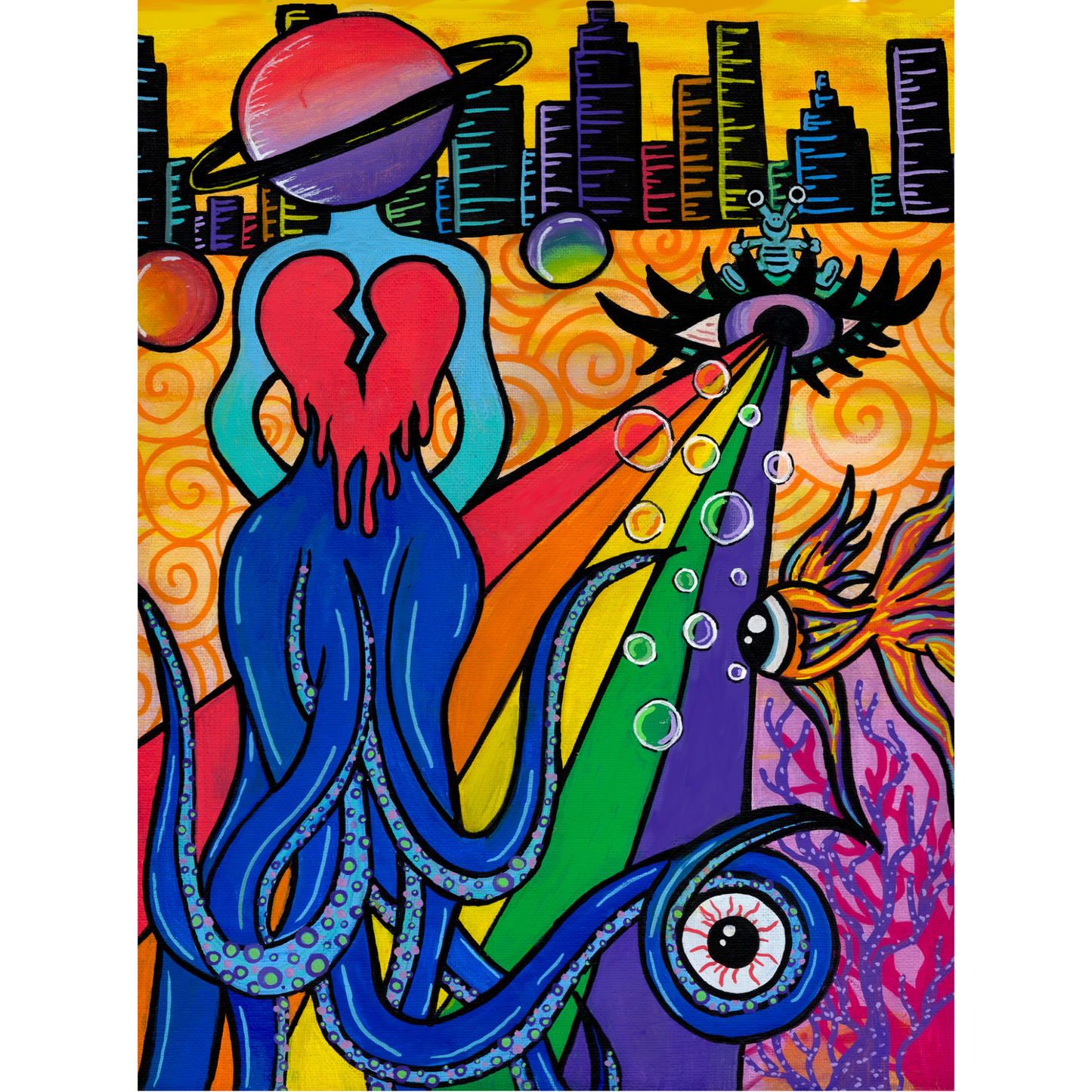 Space Head Fine Art Print, featuring an octopus alien with a planet for a head, walking on a beamed rainbow with a city backdrop By Doobie Duo