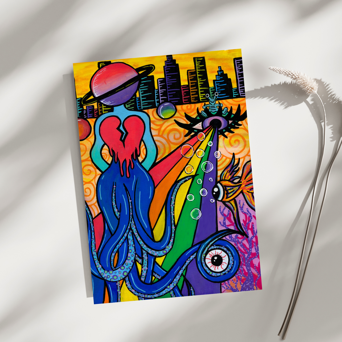 Space Head Fine Art Print, featuring an octopus alien with a planet for a head, walking on a beamed rainbow with a city backdrop By Doobie Duo