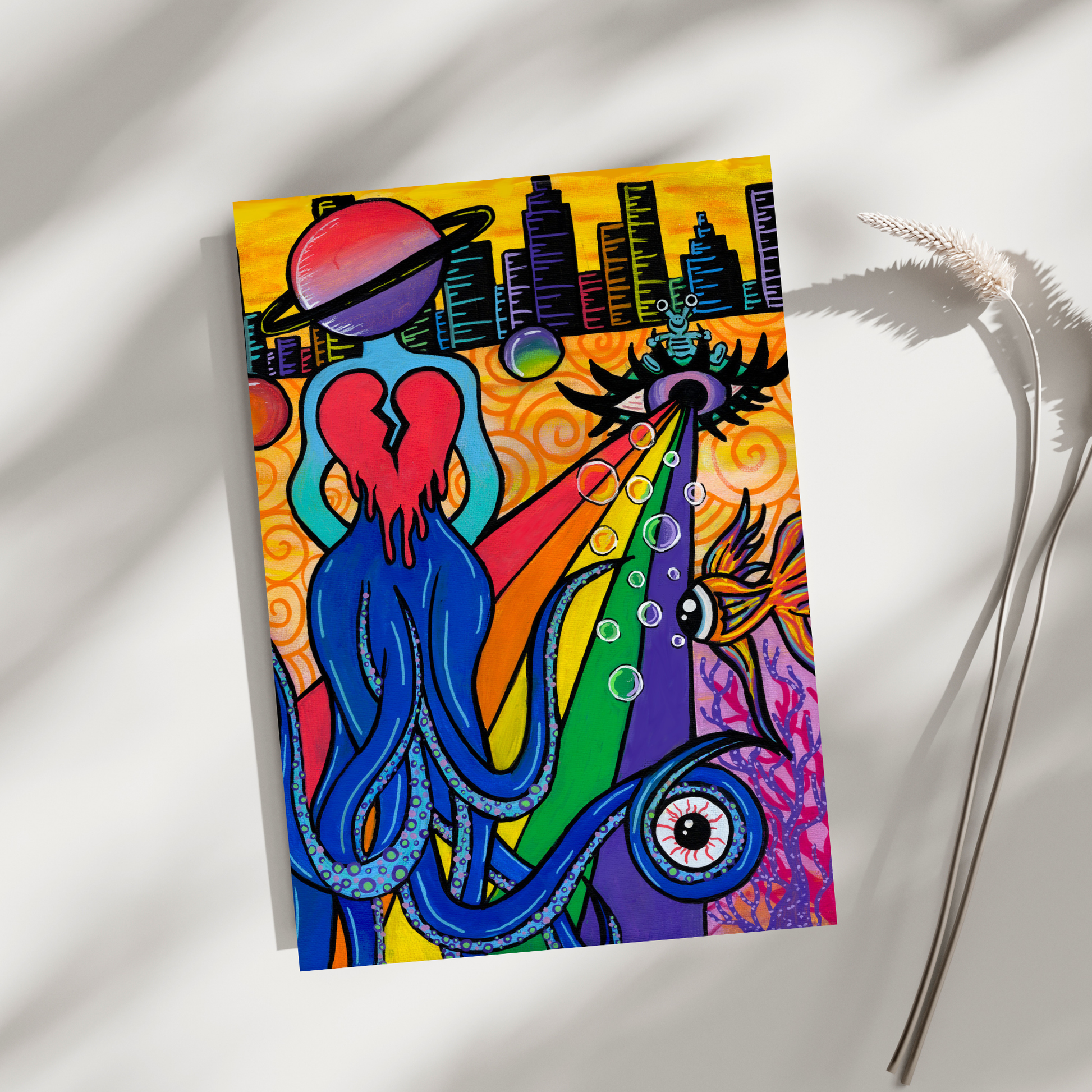 Space Head Fine Art Print, featuring an octopus alien with a planet for a head, walking on a beamed rainbow with a city backdrop By Doobie Duo