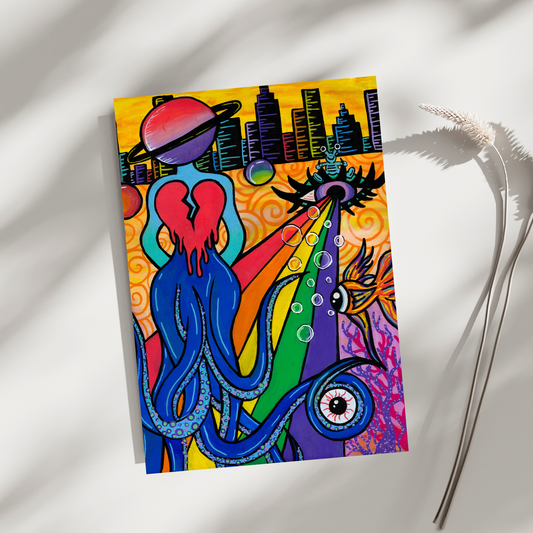 Space Head Fine Art Print, featuring an octopus alien with a planet for a head, walking on a beamed rainbow with a city backdrop By Doobie Duo