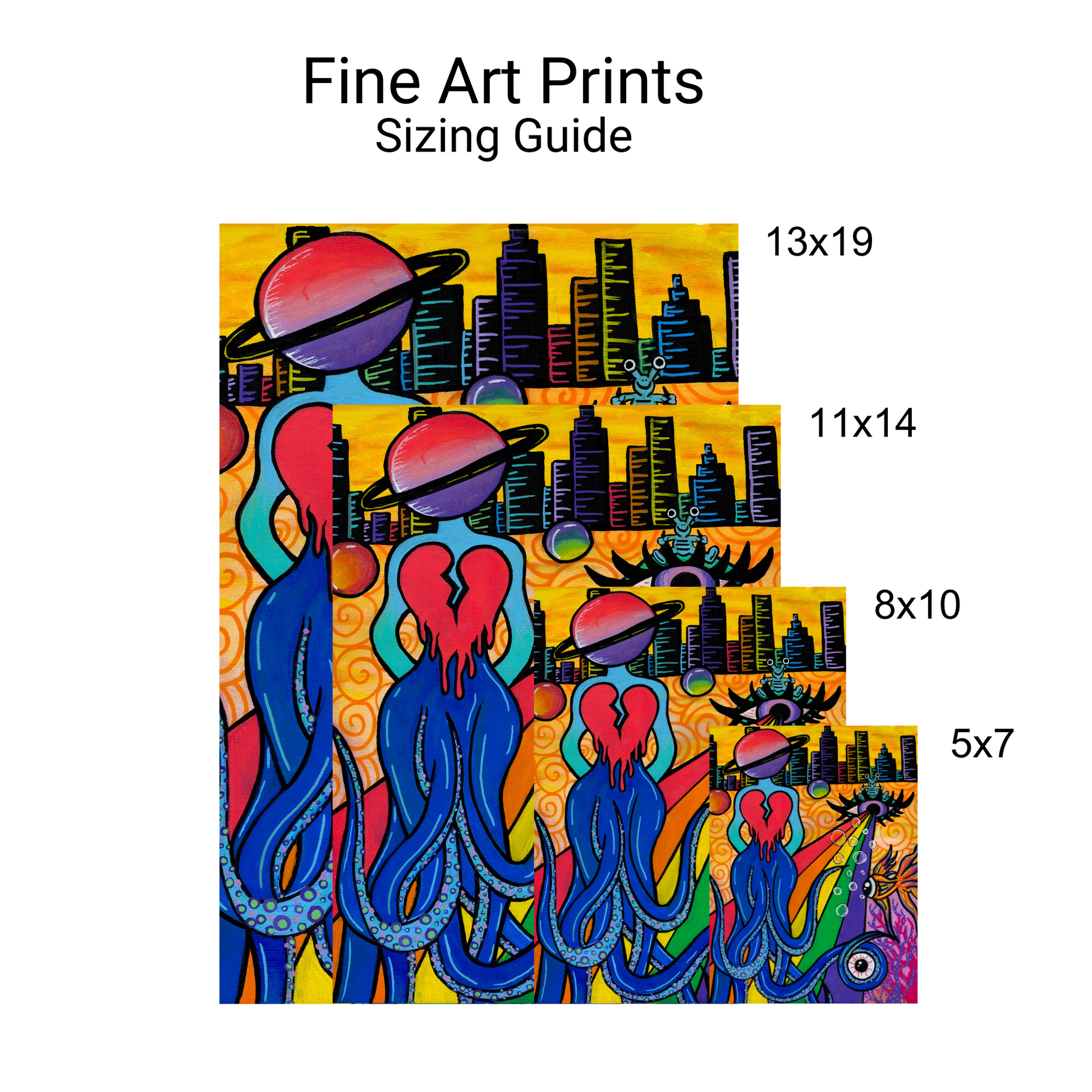 Space Head Fine Art Print, featuring an octopus alien with a planet for a head, walking on a beamed rainbow with a city backdrop By Doobie Duo