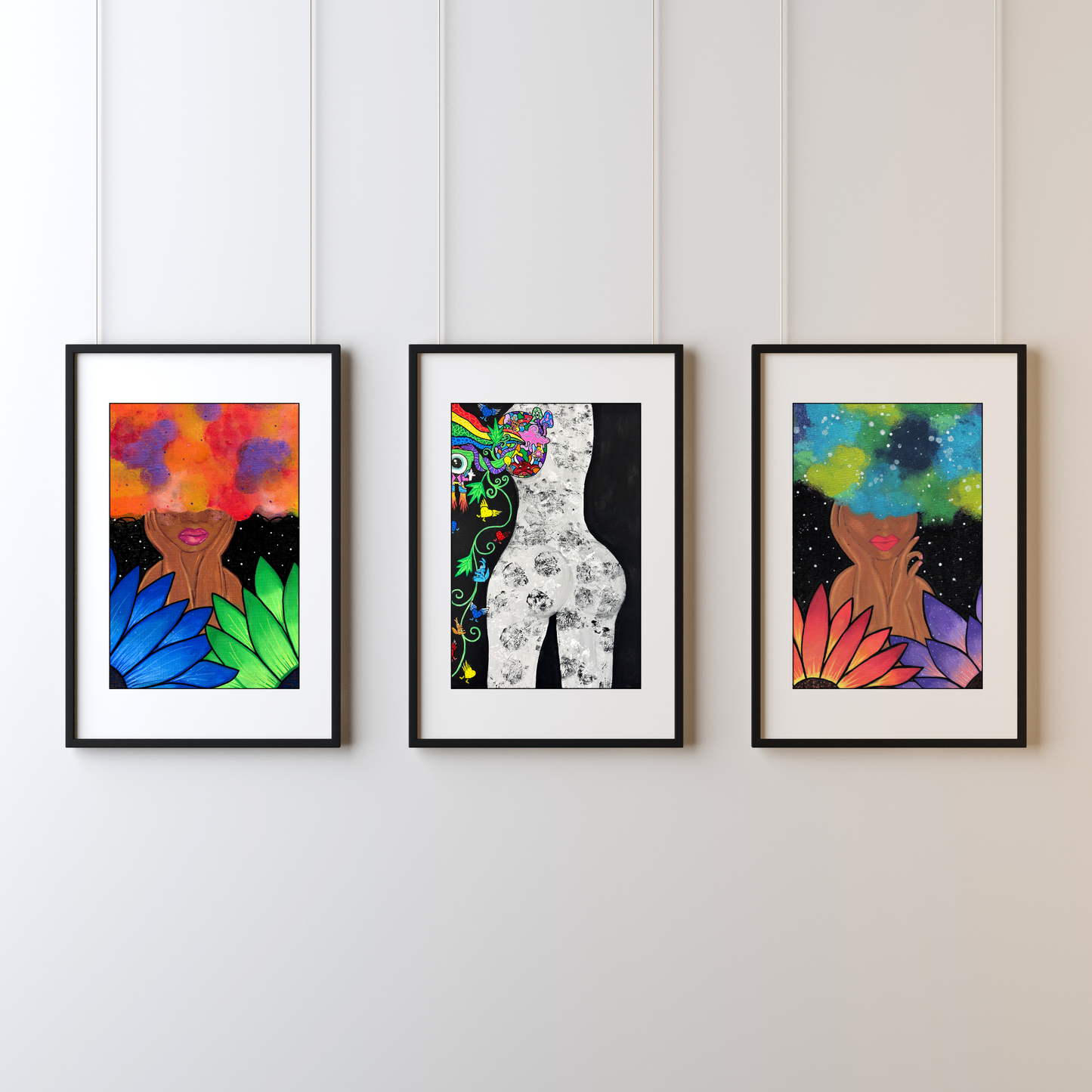 Red Magic Fine Art Print - Red-Orange Fro, Green and Blue Flowers, Night Sky - Doobie Duo