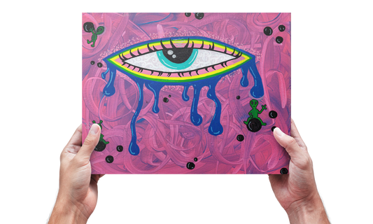 Sight Fine Art Print -Eye and Floating Aliens Pink Background - Doobie Duo