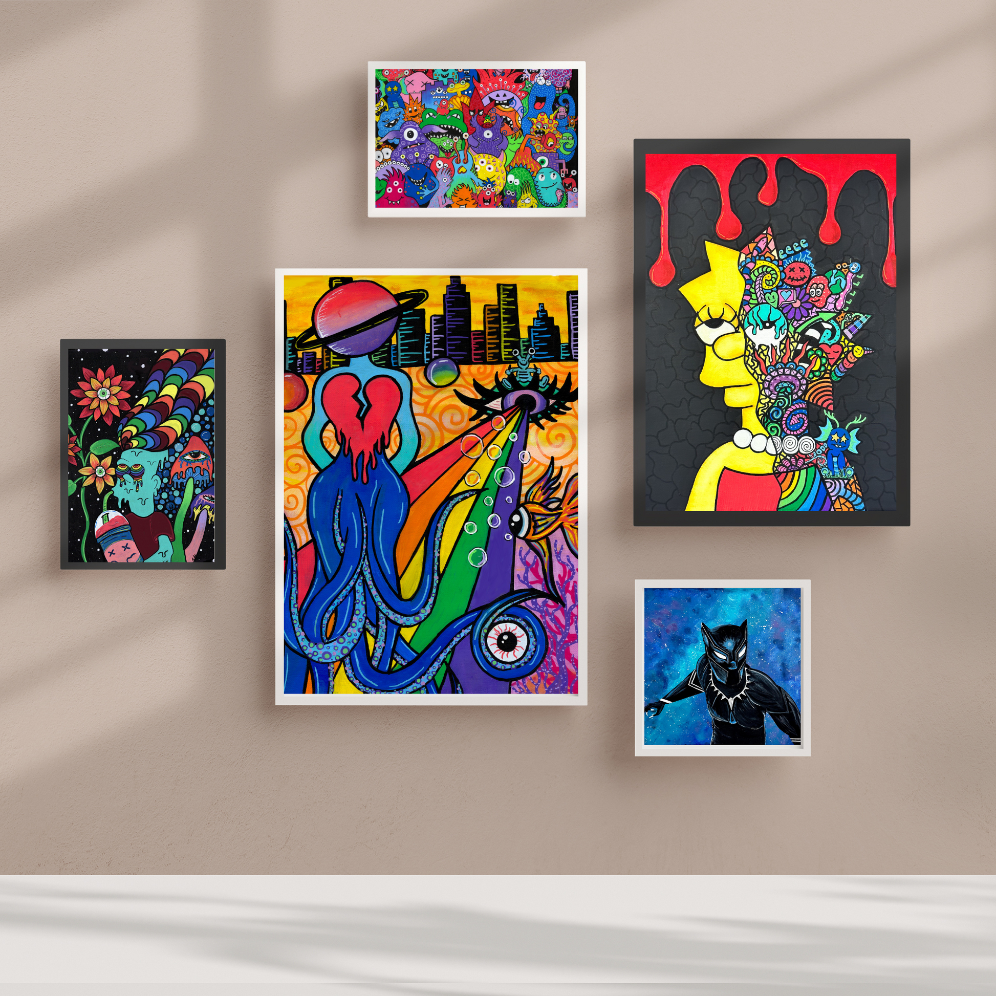 Monster Mania Fine Art Prints! This delightful piece features a colorful collage of quirky monsters, each showcasing its own unique personality