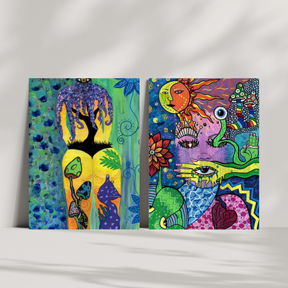 Under the Sea Fine Art Print - Silhouette of a Female's Back, Tree, Mushrooms, and an Alien on the Beachside - Doobie Duo