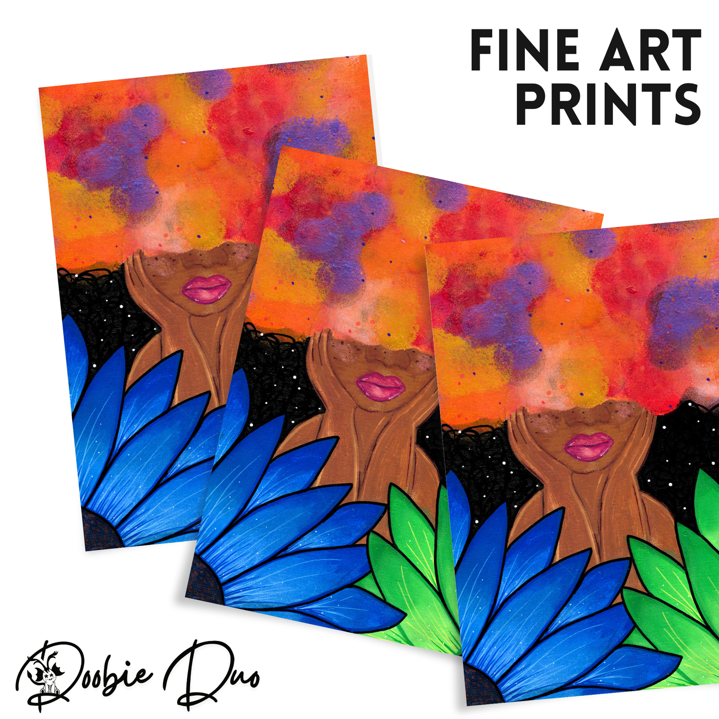Red Magic Fine Art Print - Red-Orange Fro, Green and Blue Flowers, Night Sky - Doobie Duo