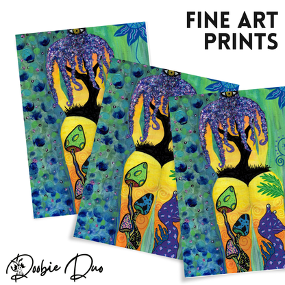 Under the Sea Fine Art Print - Silhouette of a Female's Back, Tree, Mushrooms, and an Alien on the Beachside - Doobie Duo