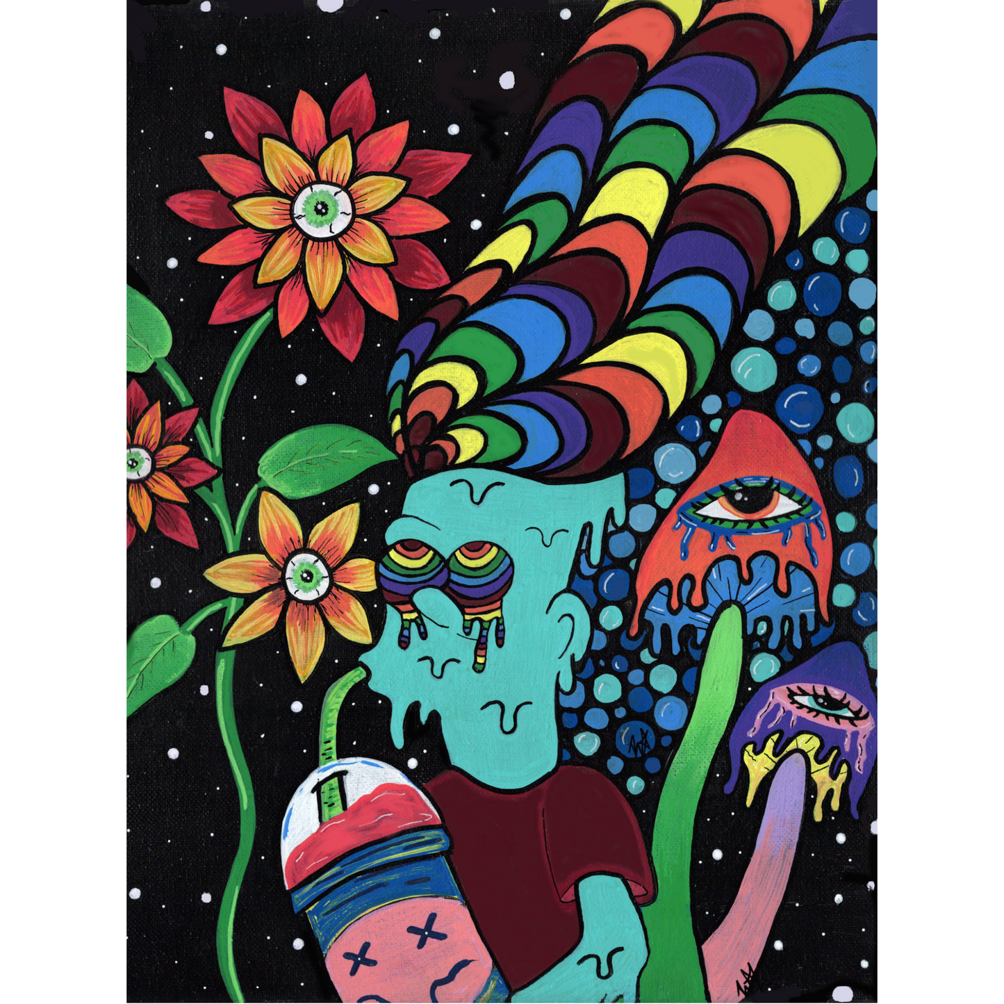 Bart Fine Art Print, featuring a Simpsons-inspired character with rainbow dreads enjoying a Slurpee under a mystical night sky by doobie duo