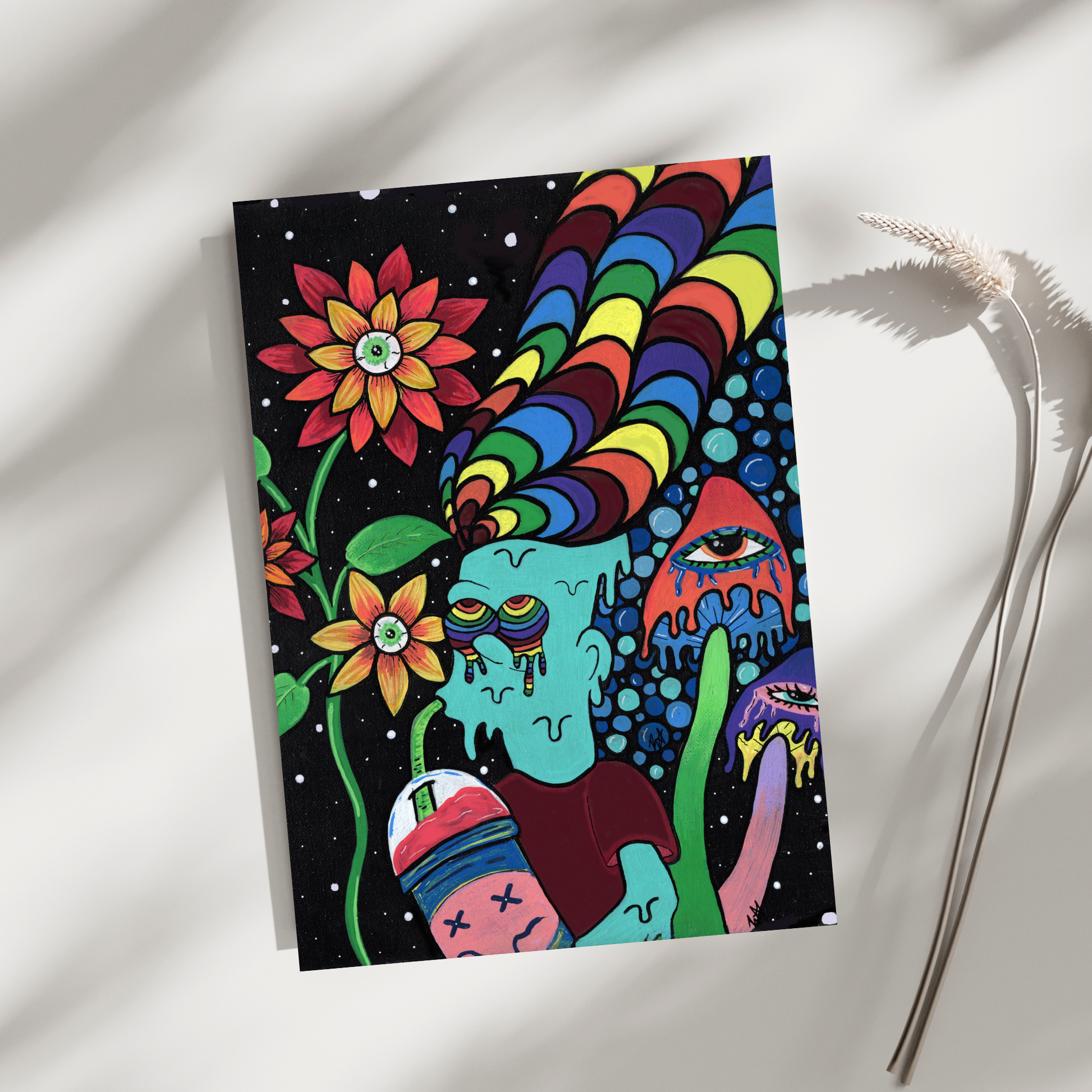 Bart Fine Art Print, featuring a Simpsons-inspired character with rainbow dreads enjoying a Slurpee under a mystical night sky by doobie duo