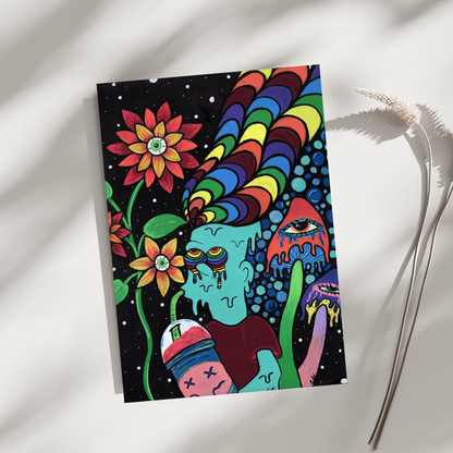 Bart Fine Art Print, featuring a Simpsons-inspired character with rainbow dreads enjoying a Slurpee under a mystical night sky by doobie duo