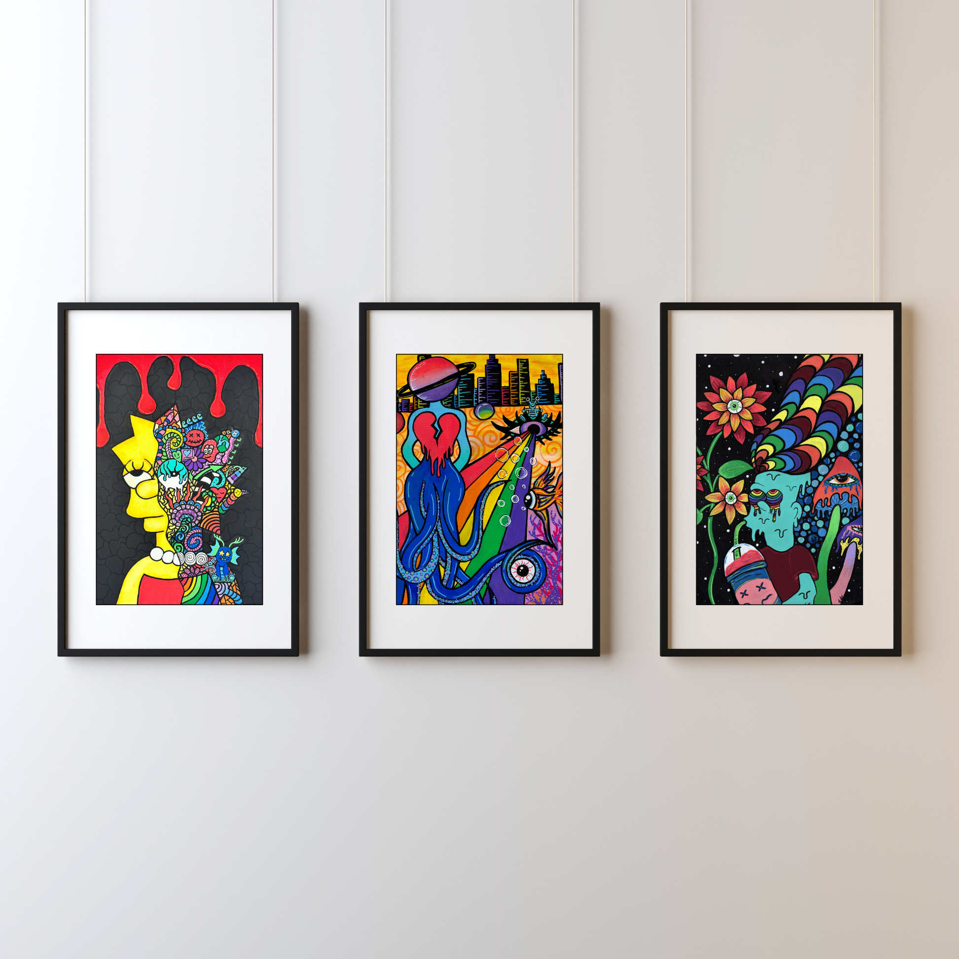 Bart Fine Art Print, featuring a Simpsons-inspired character with rainbow dreads enjoying a Slurpee under a mystical night sky by doobie duo