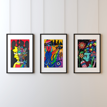 Bart Fine Art Print, featuring a Simpsons-inspired character with rainbow dreads enjoying a Slurpee under a mystical night sky by doobie duo