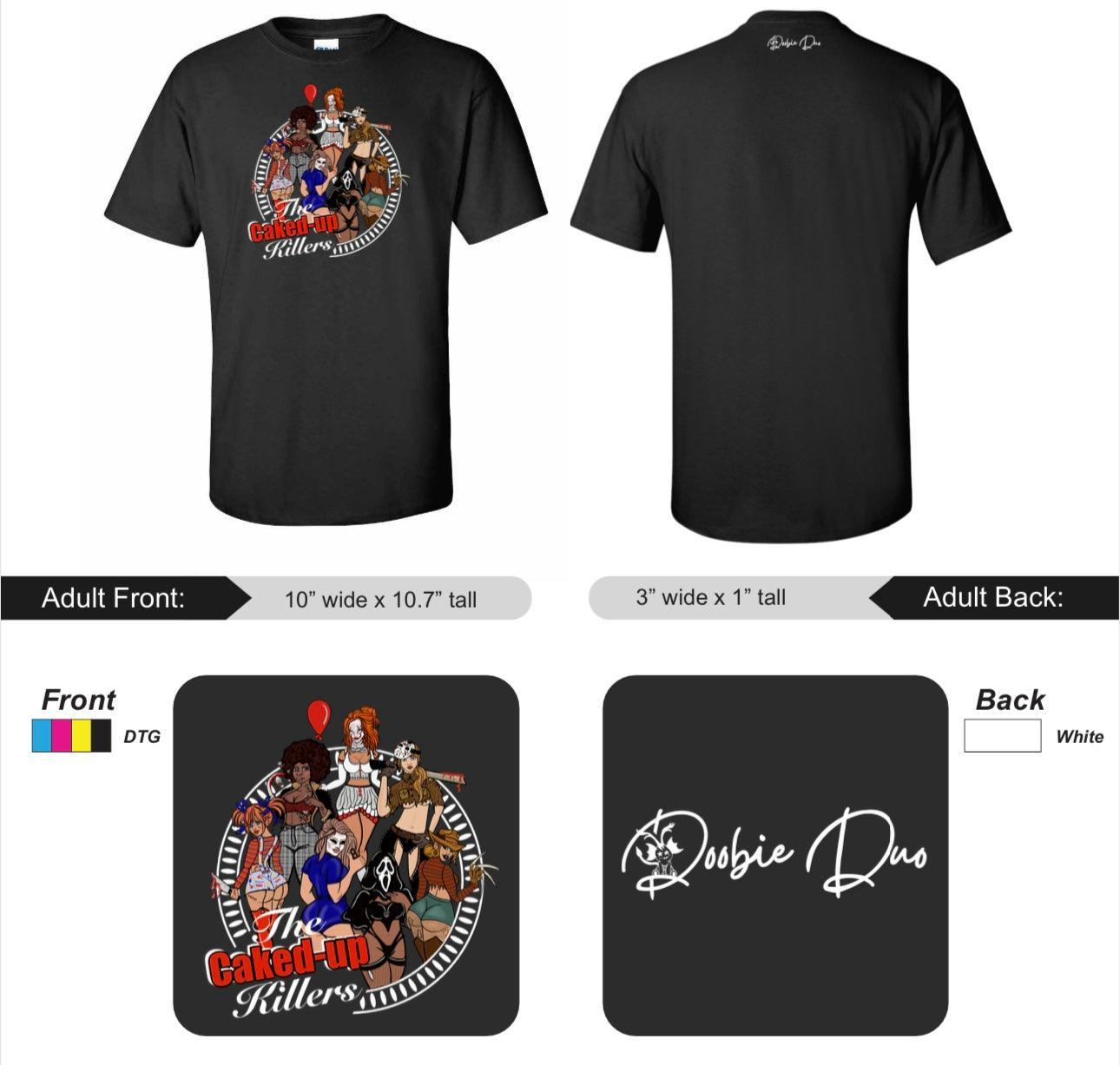 Caked Up Killers Limited Edition Cotton Black T-Shirts with Original Art DTG Prints - Doobie Duo