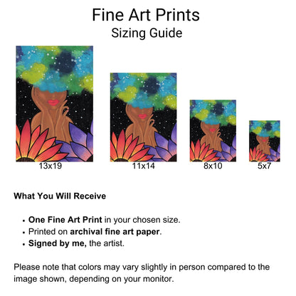 Blue Magic Fine Art Print - Red-Orange Fro, Green and Blue Flowers, Night Sky - Doobie Duo