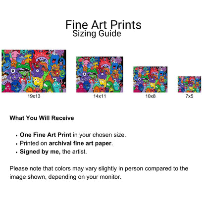 Monster Mania Fine Art Print - Colorful and Playful Collage of Monsters - Doobie Duo