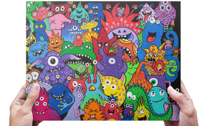 Monster Mania Fine Art Print - Colorful and Playful Collage of Monsters - Doobie Duo
